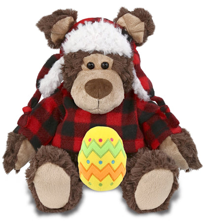 DolliBu Grizzly Bear with Red Plaid Outfit and Yellow Easter Egg Plush â€“ 9 Inch