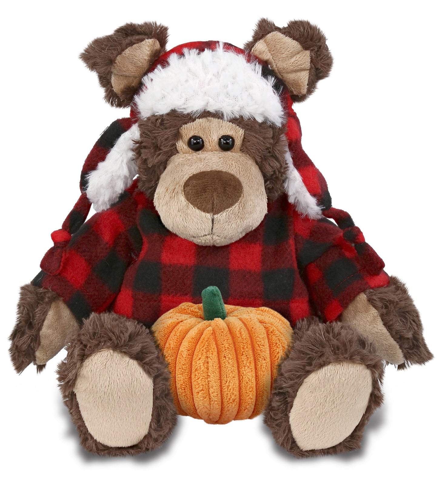 PLUSH PUMPKIN - SUPER SOFT PLUSH - RED PLAID OUTFIT - GRIZZLY BEAR