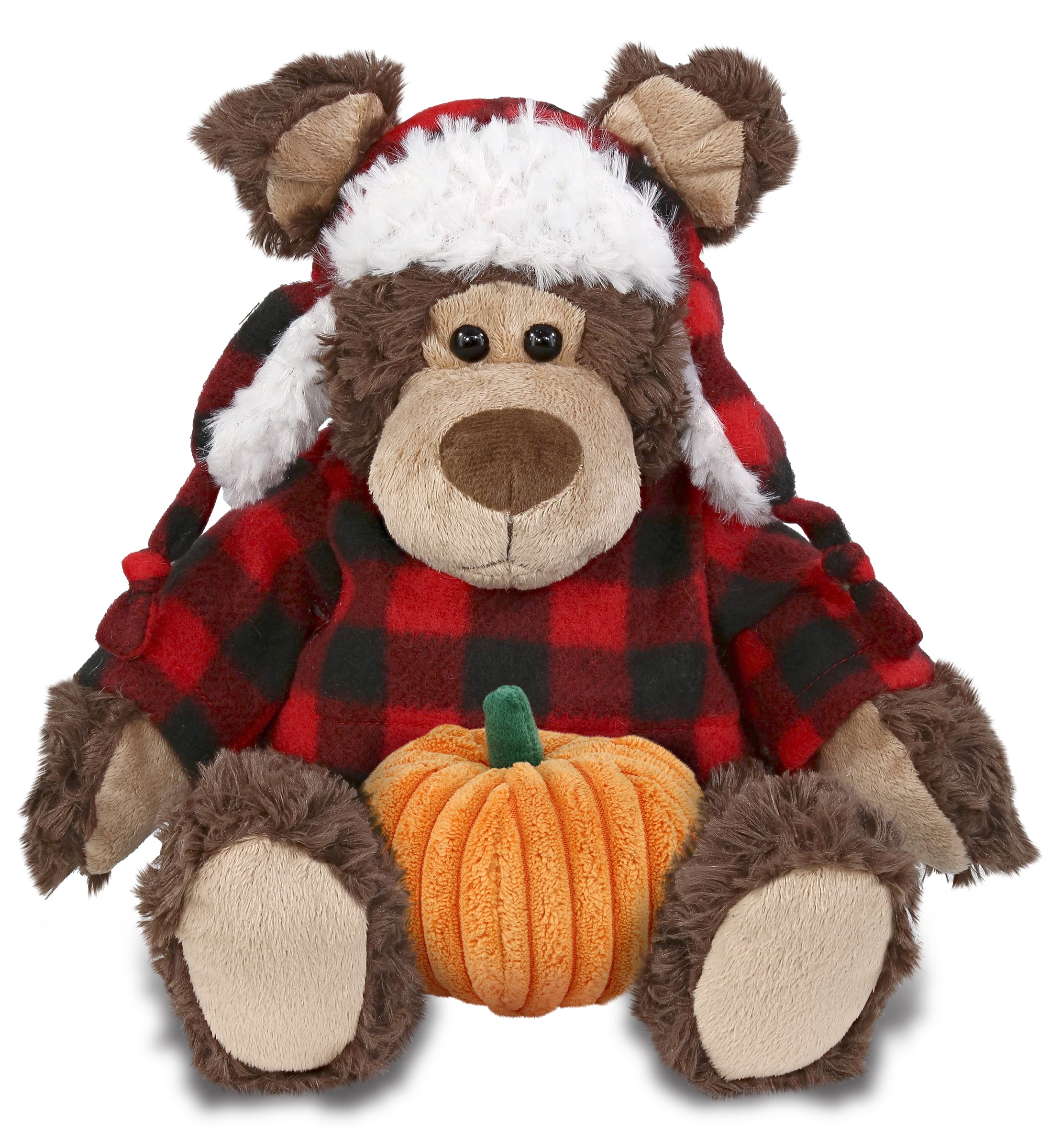 PLUSH PUMPKIN - SUPER SOFT PLUSH - RED PLAID OUTFIT - GRIZZLY BEAR