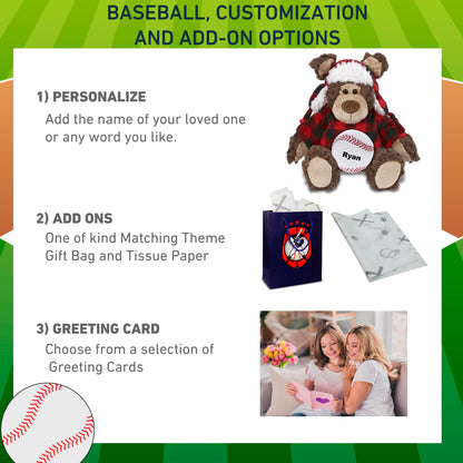 SUPER SOFT PLUSH - RED PLAID OUTFIT - GRIZZLY BEAR with Baseball Plush