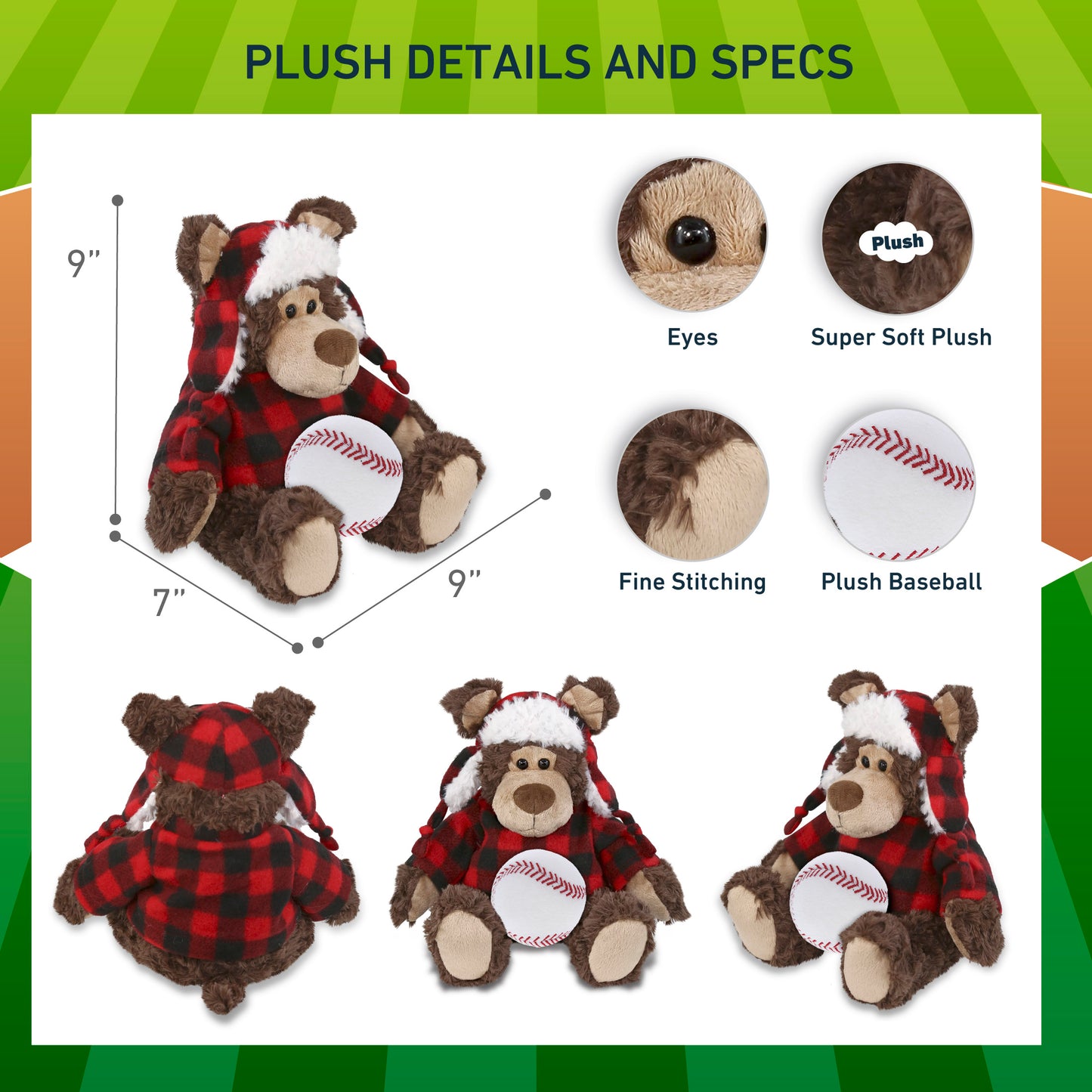 SUPER SOFT PLUSH - RED PLAID OUTFIT - GRIZZLY BEAR with Baseball Plush
