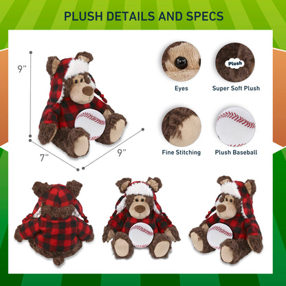 SUPER SOFT PLUSH - RED PLAID OUTFIT - GRIZZLY BEAR with Baseball Plush