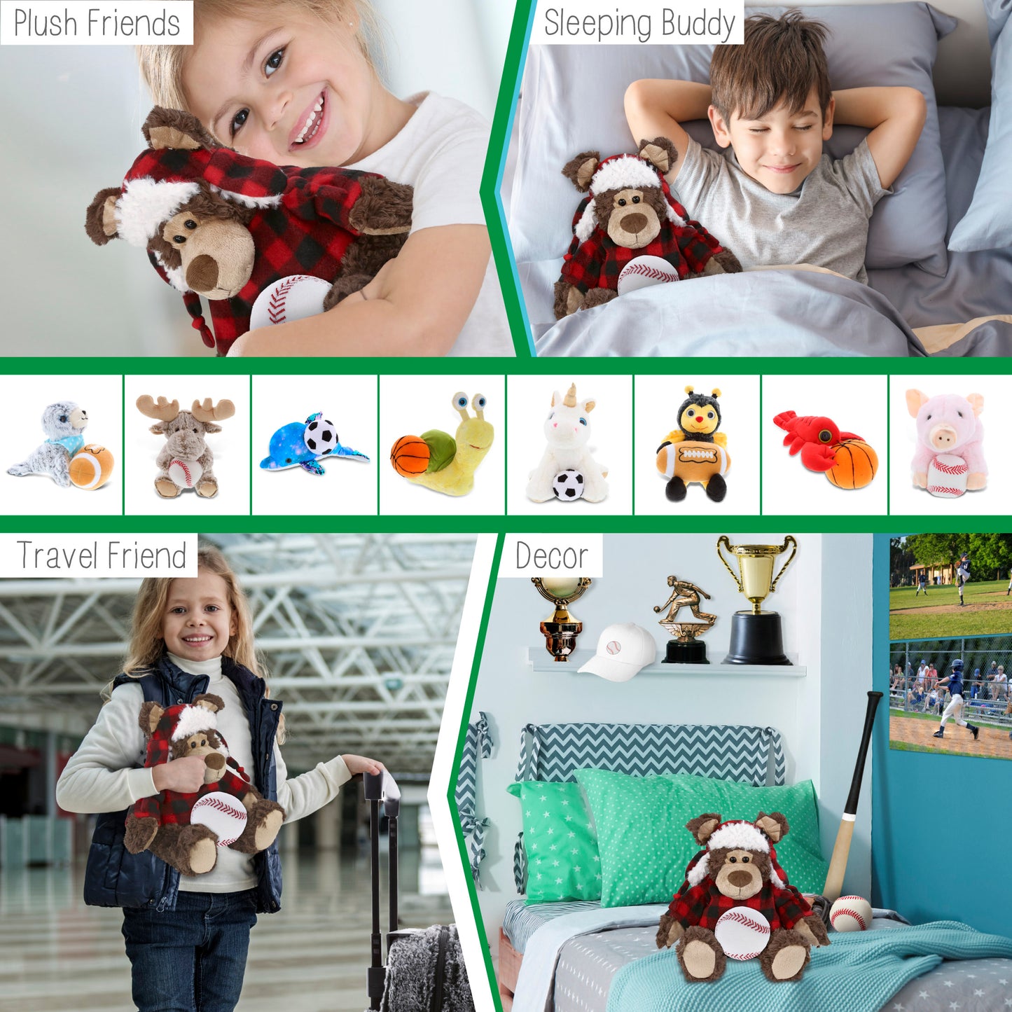 SUPER SOFT PLUSH - RED PLAID OUTFIT - GRIZZLY BEAR with Baseball Plush