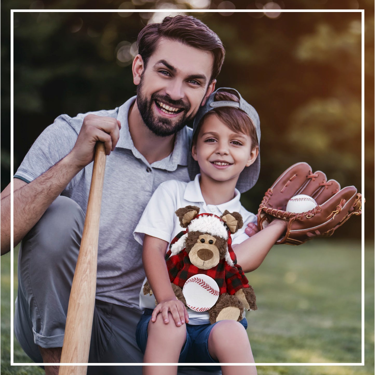 SUPER SOFT PLUSH - RED PLAID OUTFIT - GRIZZLY BEAR with Baseball Plush
