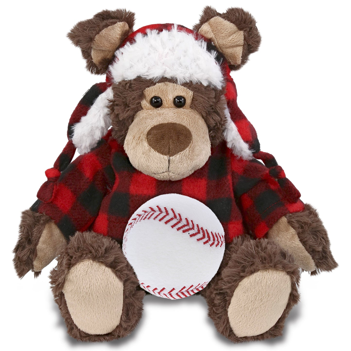 SUPER SOFT PLUSH - RED PLAID OUTFIT - GRIZZLY BEAR with Baseball Plush