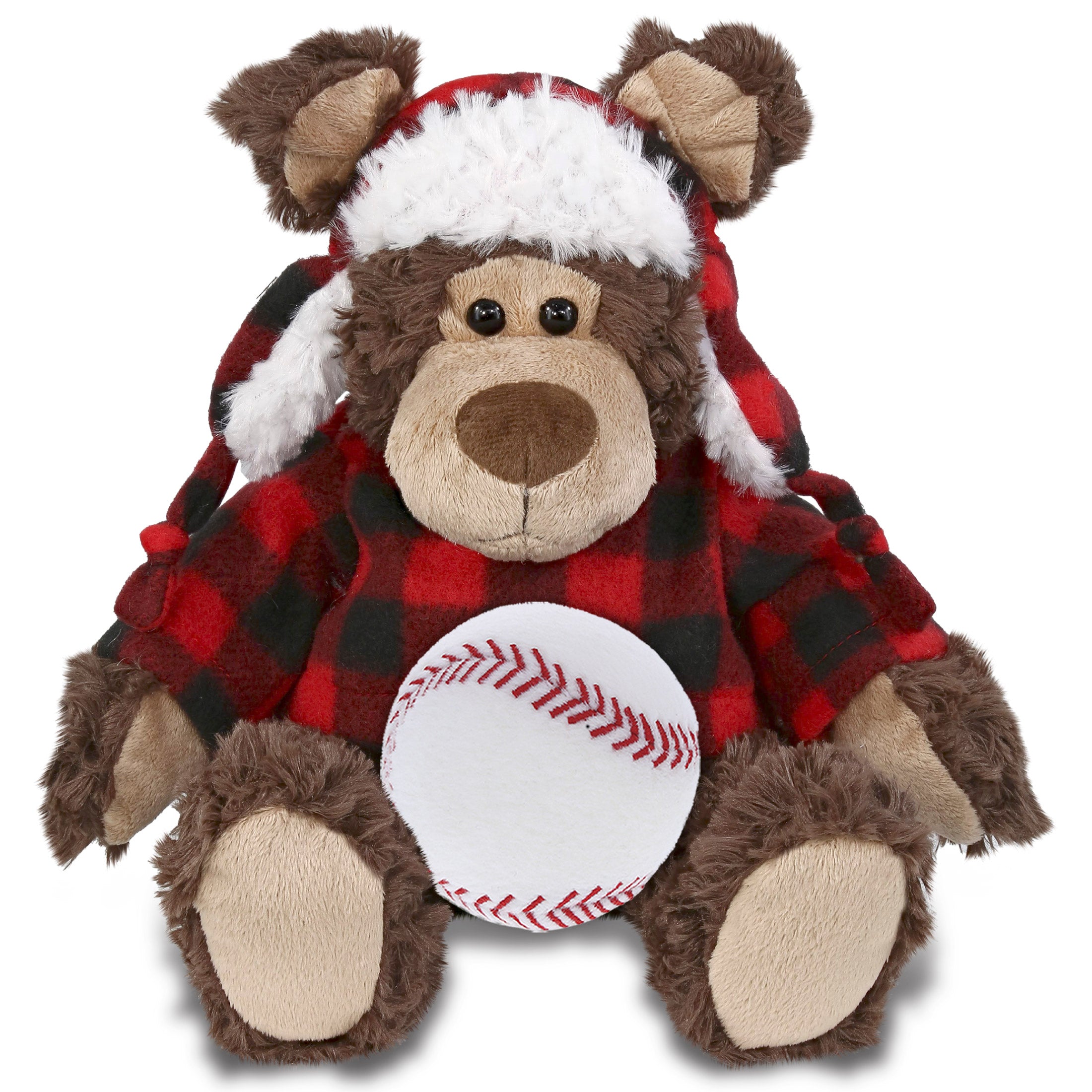 SUPER SOFT PLUSH - RED PLAID OUTFIT - GRIZZLY BEAR with Baseball Plush