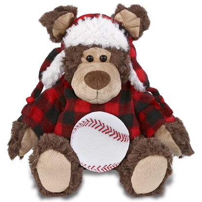 SUPER SOFT PLUSH - RED PLAID OUTFIT - GRIZZLY BEAR with Baseball Plush