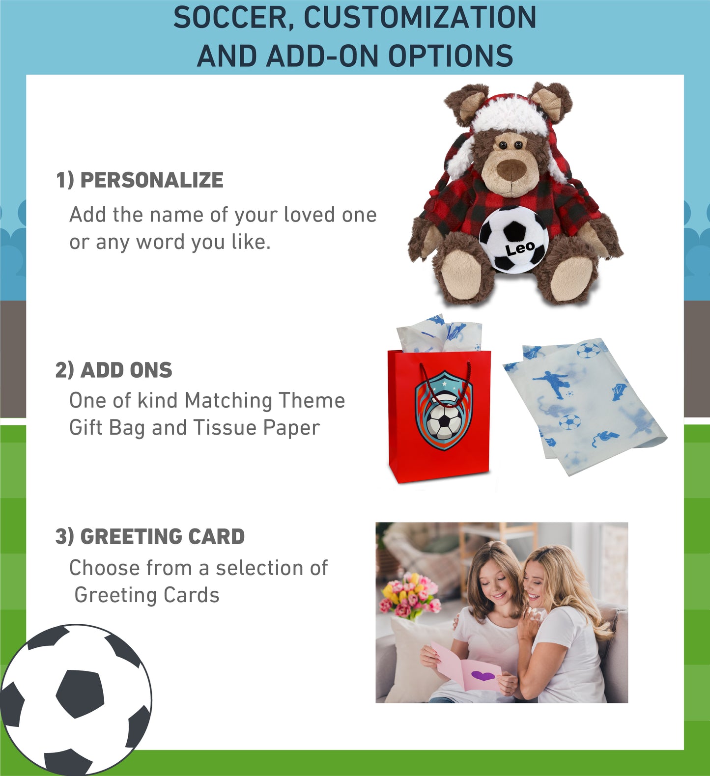 SUPER SOFT PLUSH - RED PLAID OUTFIT - GRIZZLY BEAR with Soccer Plush