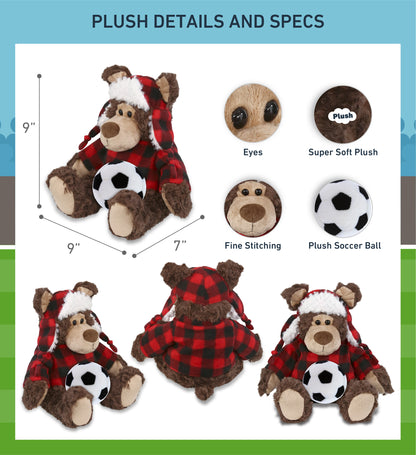SUPER SOFT PLUSH - RED PLAID OUTFIT - GRIZZLY BEAR with Soccer Plush