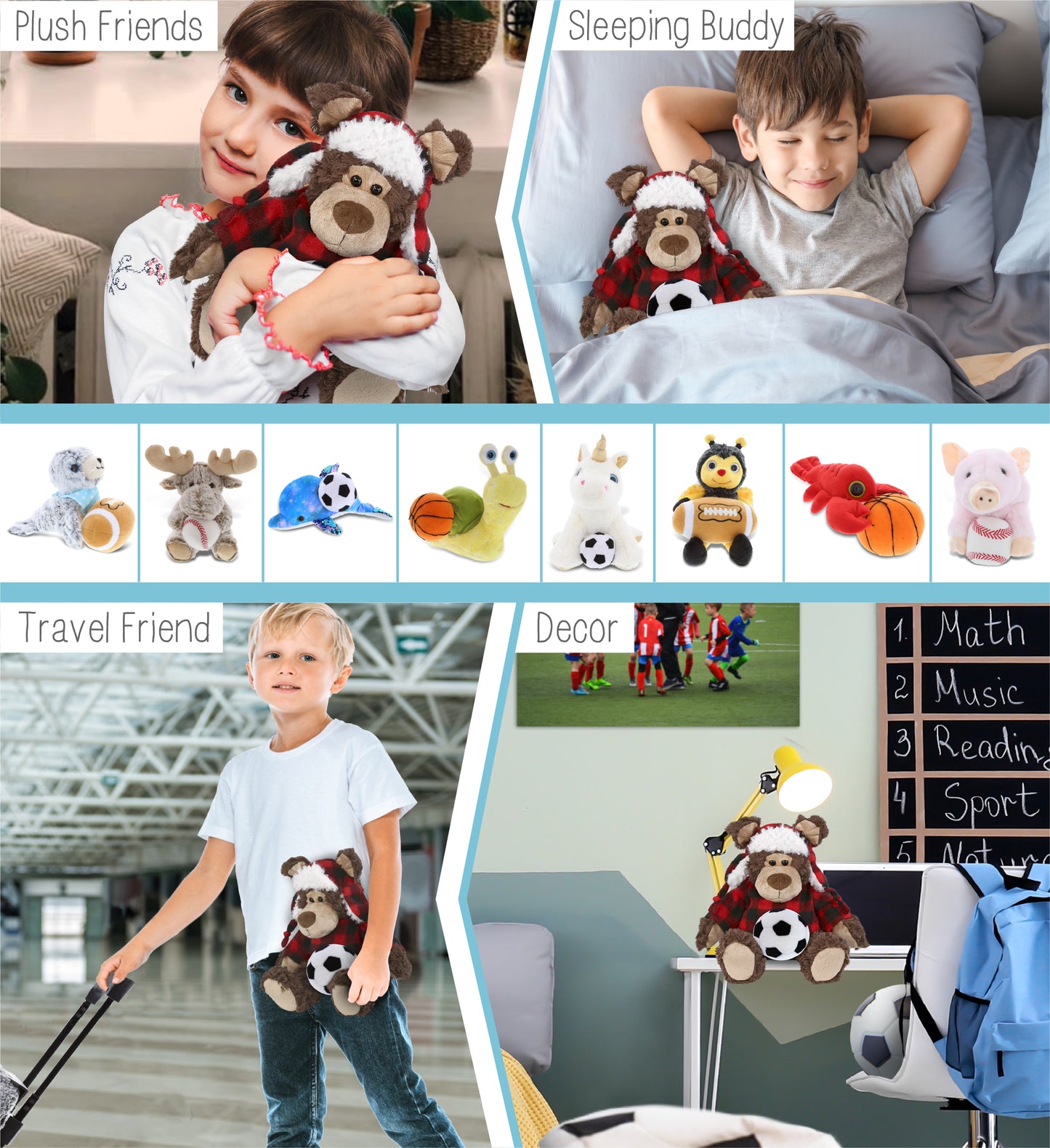 SUPER SOFT PLUSH - RED PLAID OUTFIT - GRIZZLY BEAR with Soccer Plush