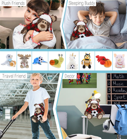 SUPER SOFT PLUSH - RED PLAID OUTFIT - GRIZZLY BEAR with Soccer Plush