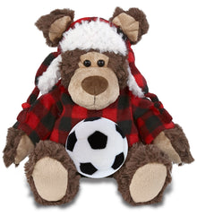 SUPER SOFT PLUSH - RED PLAID OUTFIT - GRIZZLY BEAR with Soccer Plush