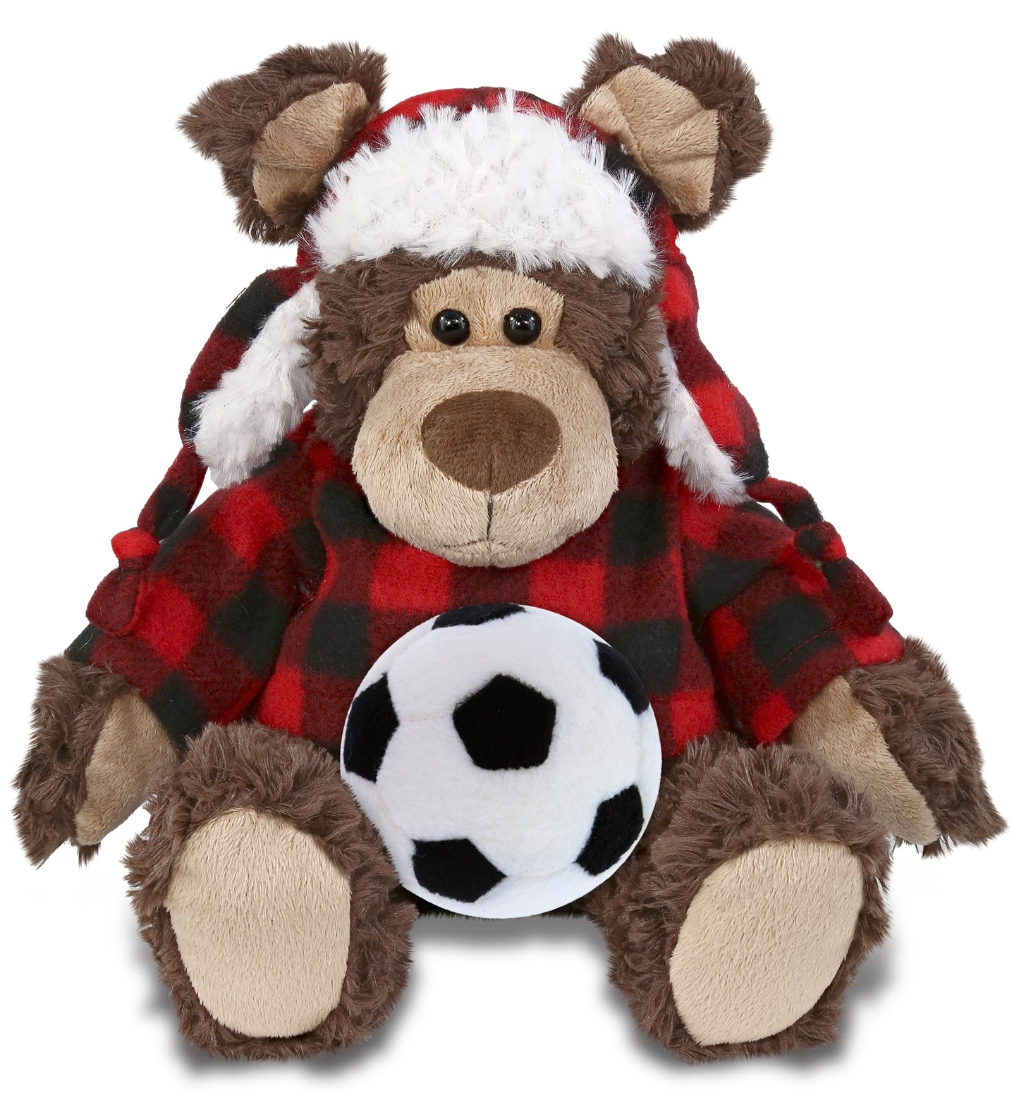 SUPER SOFT PLUSH - RED PLAID OUTFIT - GRIZZLY BEAR with Soccer Plush