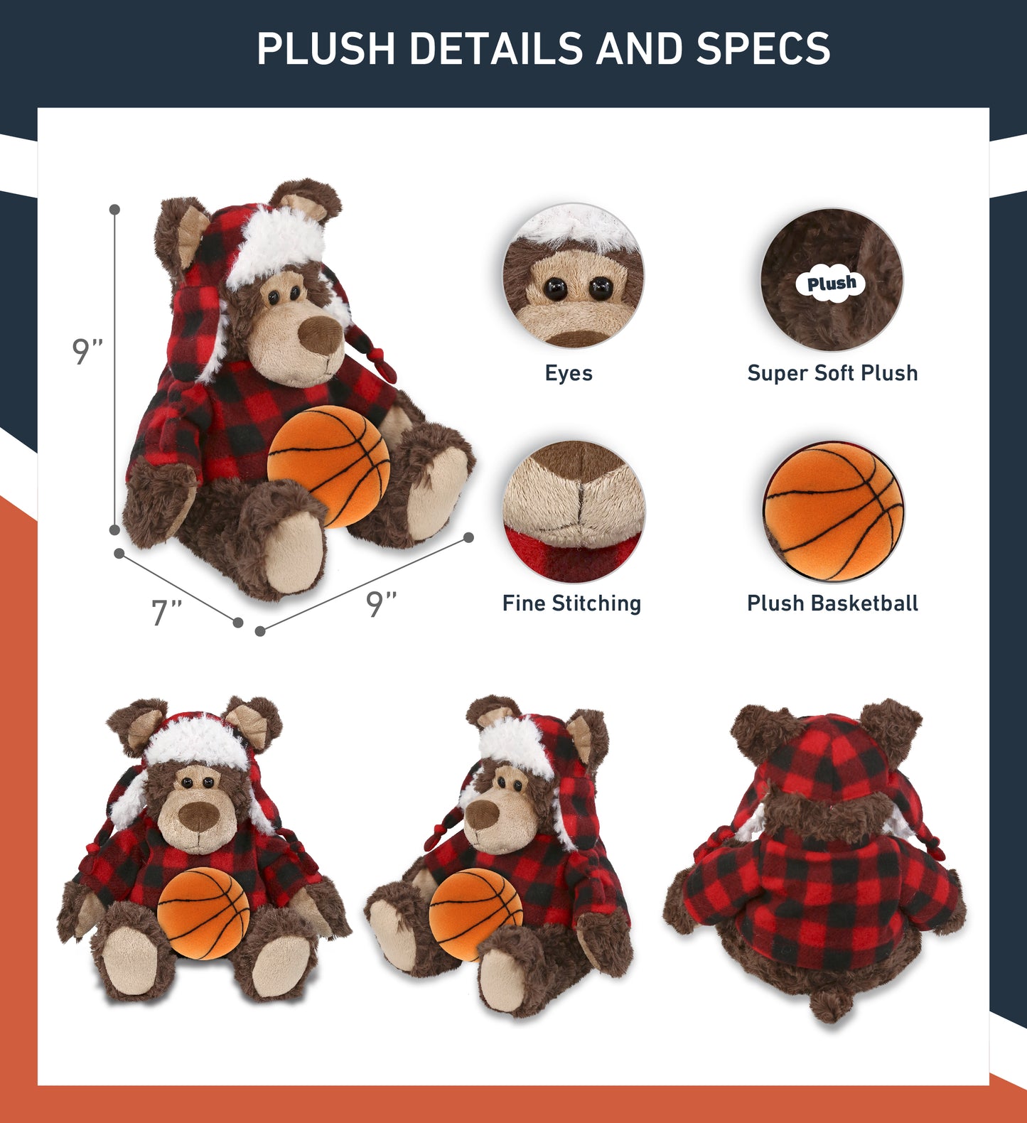 SUPER SOFT PLUSH - RED PLAID OUTFIT - GRIZZLY BEAR with Basketball Plush