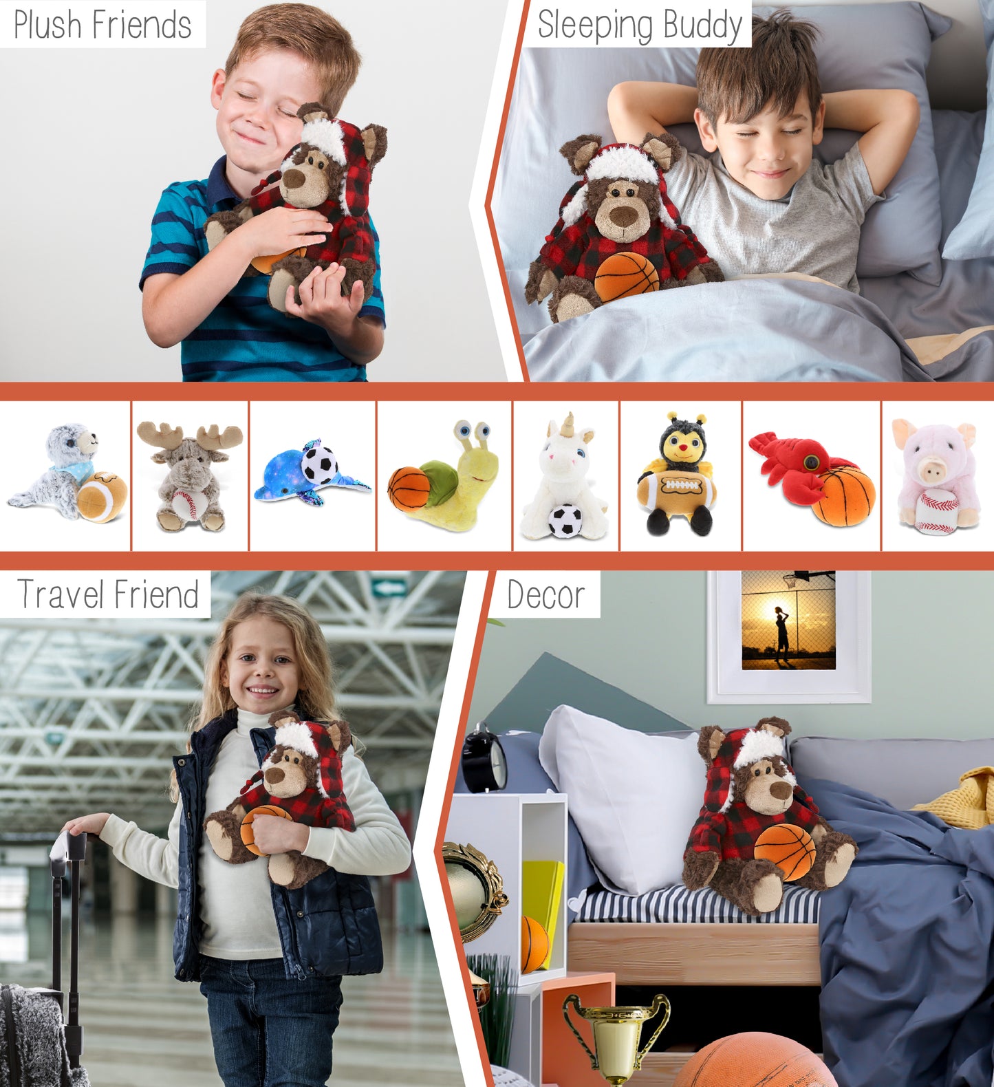 SUPER SOFT PLUSH - RED PLAID OUTFIT - GRIZZLY BEAR with Basketball Plush