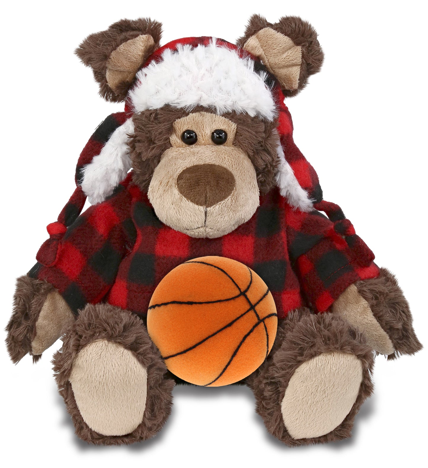SUPER SOFT PLUSH - RED PLAID OUTFIT - GRIZZLY BEAR with Basketball Plush