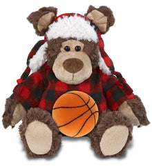 SUPER SOFT PLUSH - RED PLAID OUTFIT - GRIZZLY BEAR with Basketball Plush