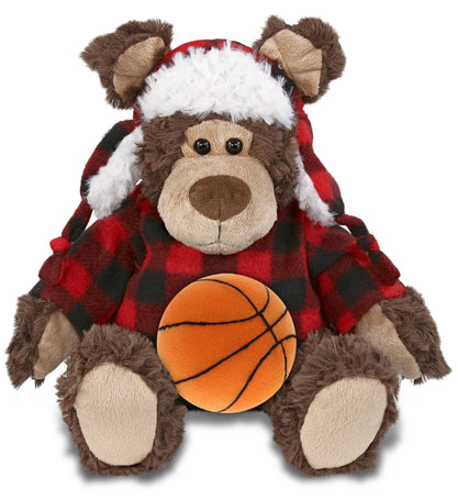 SUPER SOFT PLUSH - RED PLAID OUTFIT - GRIZZLY BEAR with Basketball Plush