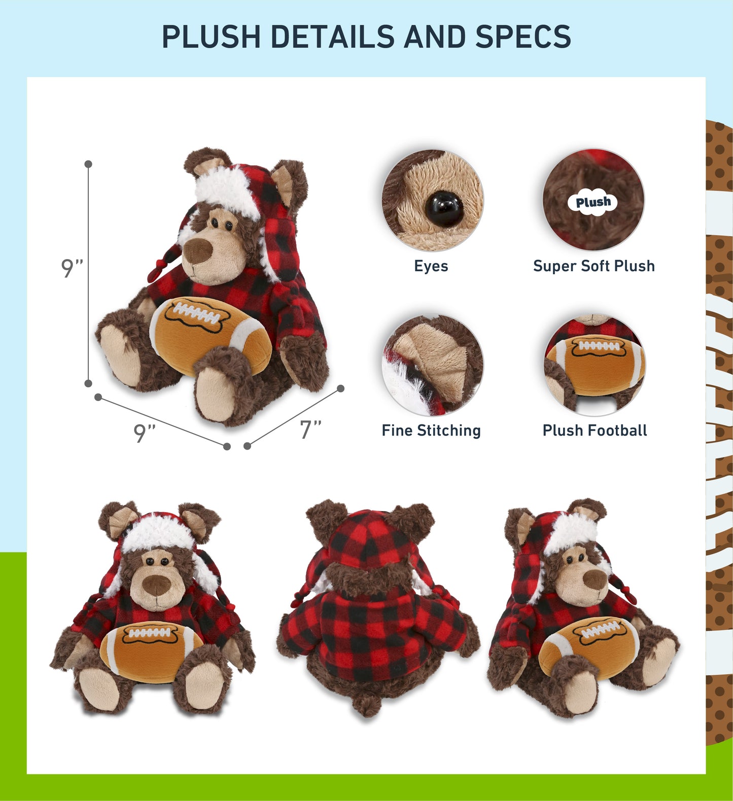 SUPER SOFT PLUSH - RED PLAID OUTFIT - GRIZZLY BEAR with Football Plush