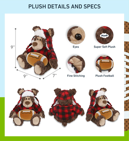 SUPER SOFT PLUSH - RED PLAID OUTFIT - GRIZZLY BEAR with Football Plush