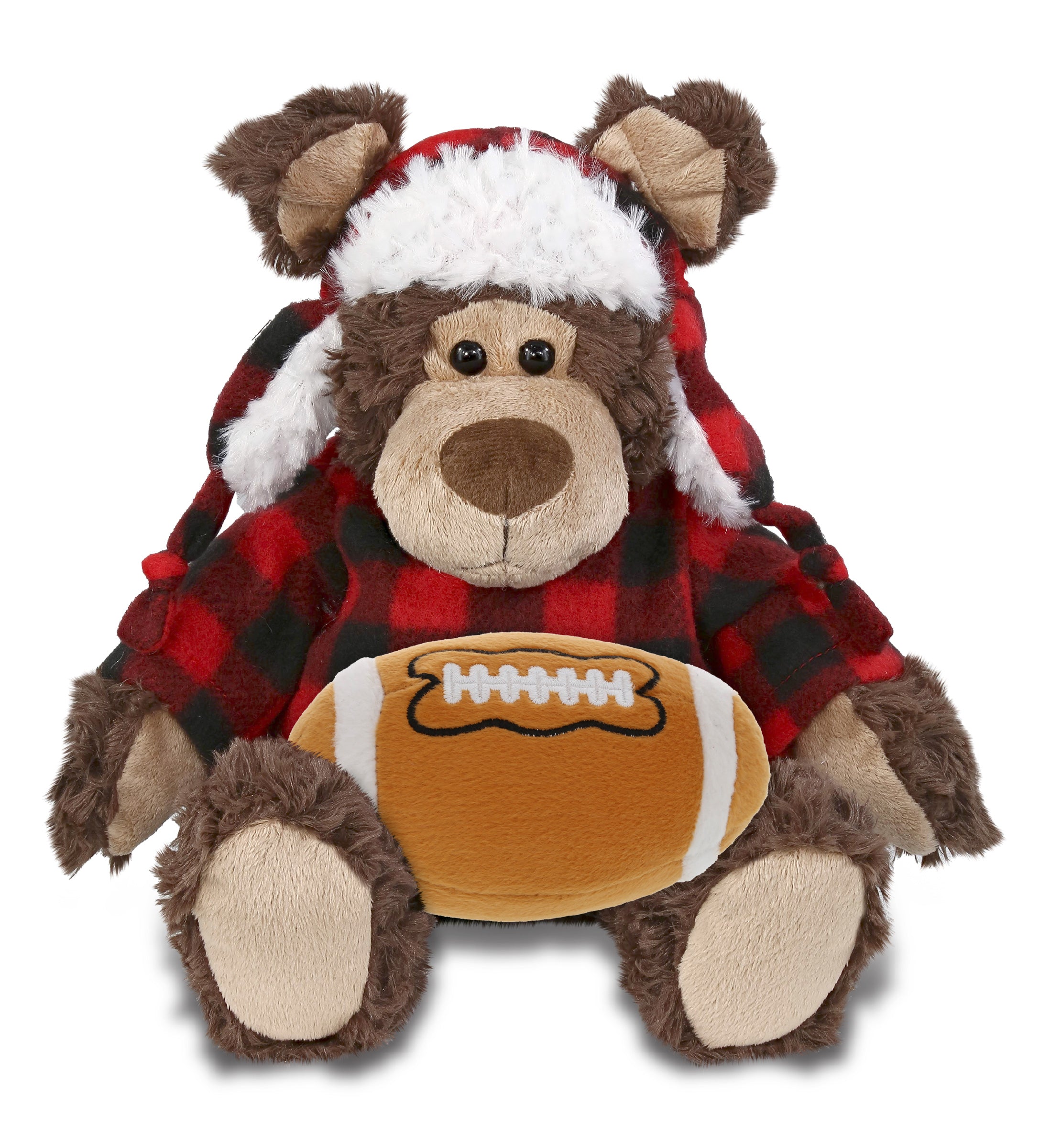 SUPER SOFT PLUSH - RED PLAID OUTFIT - GRIZZLY BEAR with Football Plush