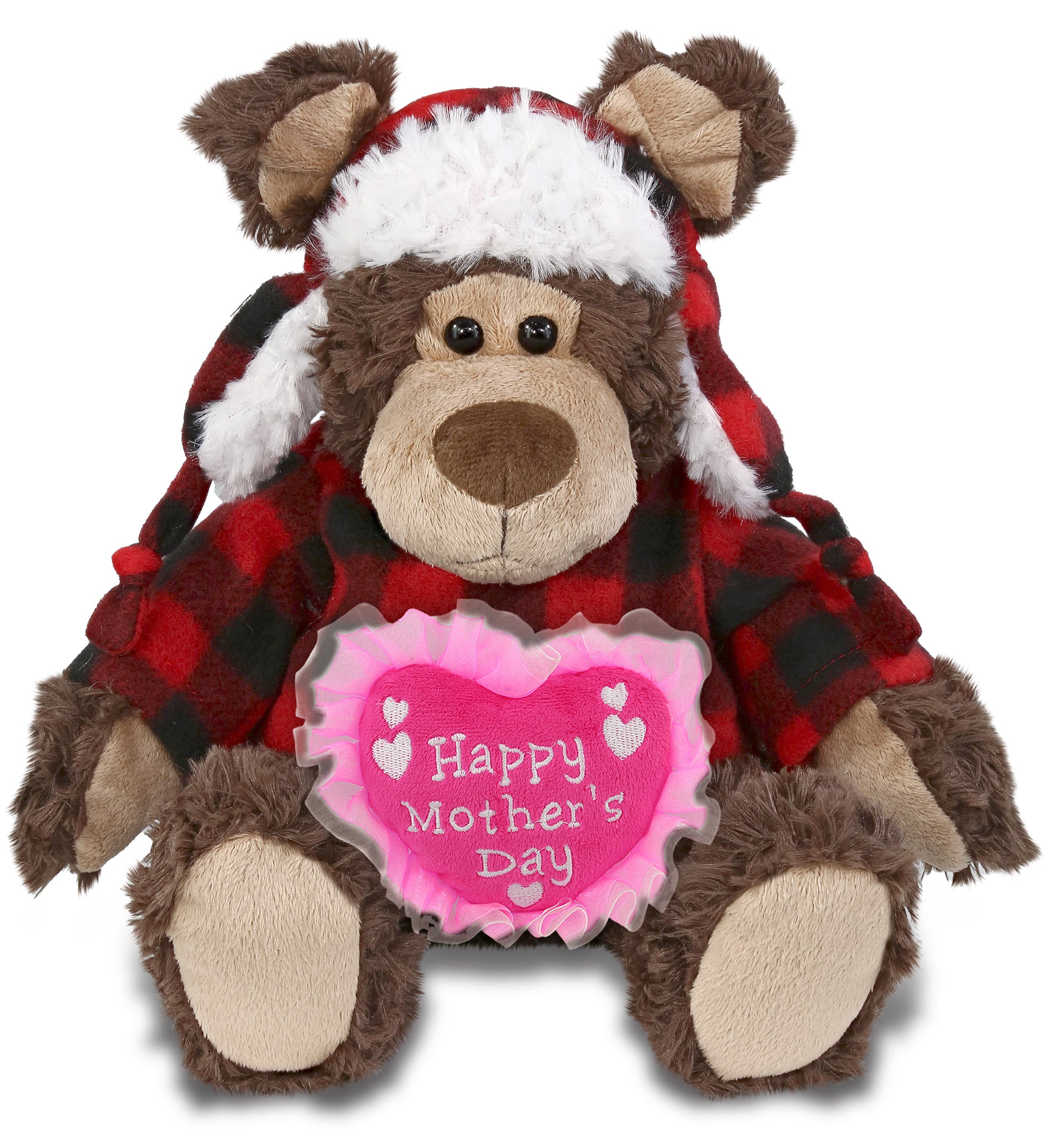 PLUSH MOTHERS DAY HEART - SUPER SOFT PLUSH - RED PLAID OUTFIT - GRIZZLY BEAR