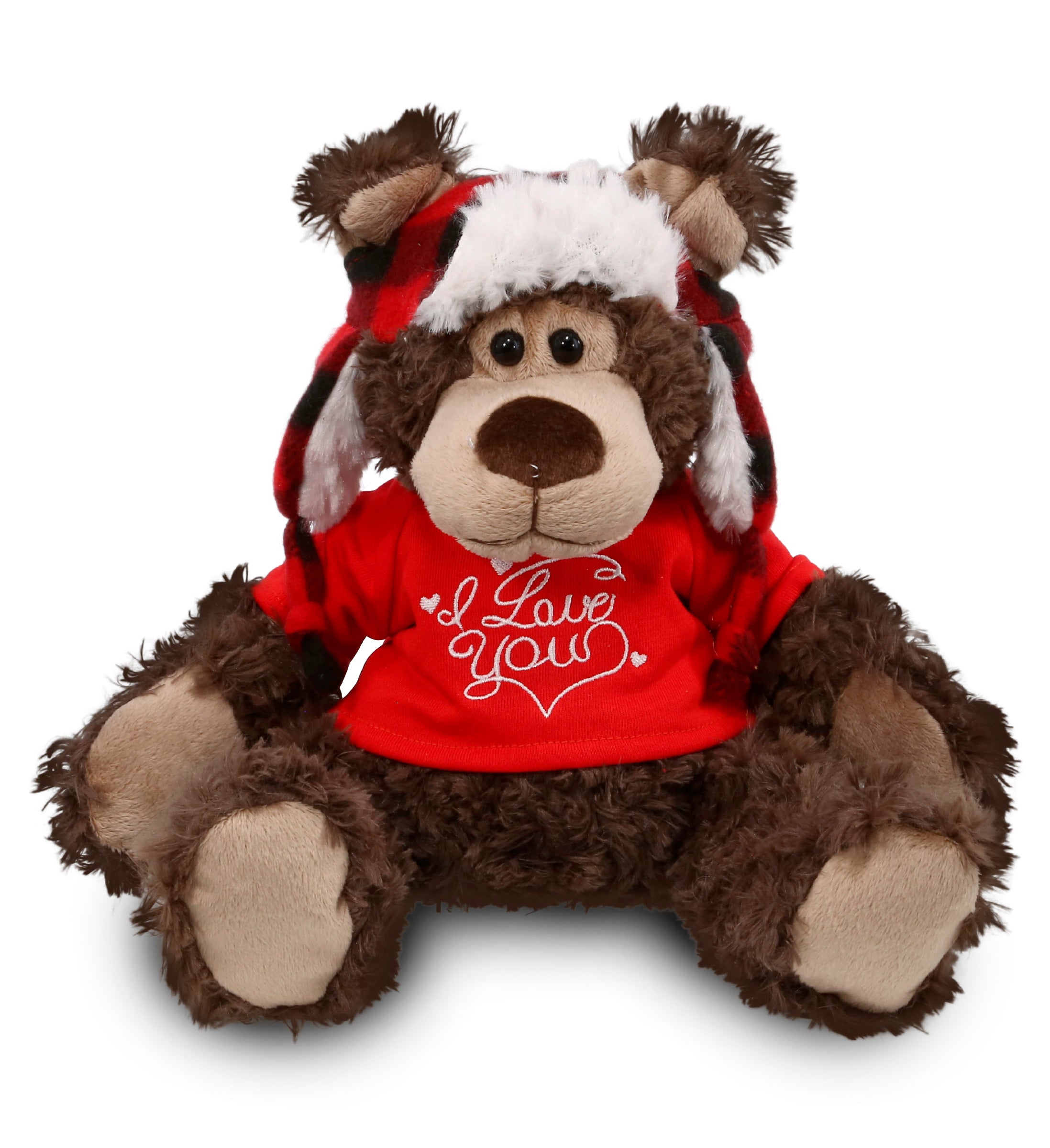 PLUSH I LOVE YOU RED SHIRT- SUPER SOFT PLUSH - RED PLAID OUTFIT - GRIZZLY BEAR