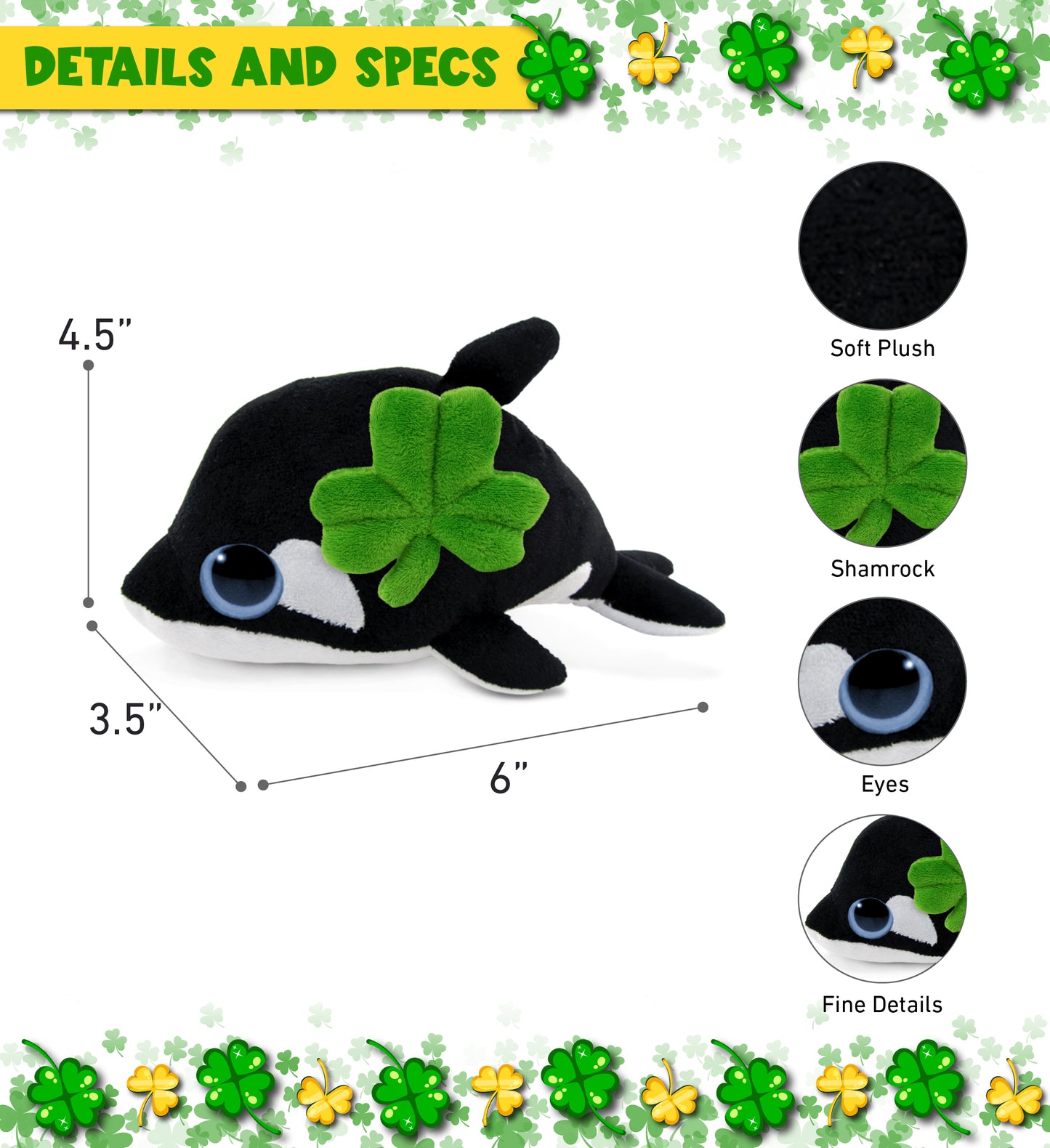 DolliBu Big Eye Killer Whale Stuffed Animal with Green Plush Shamrock - 6 Inch