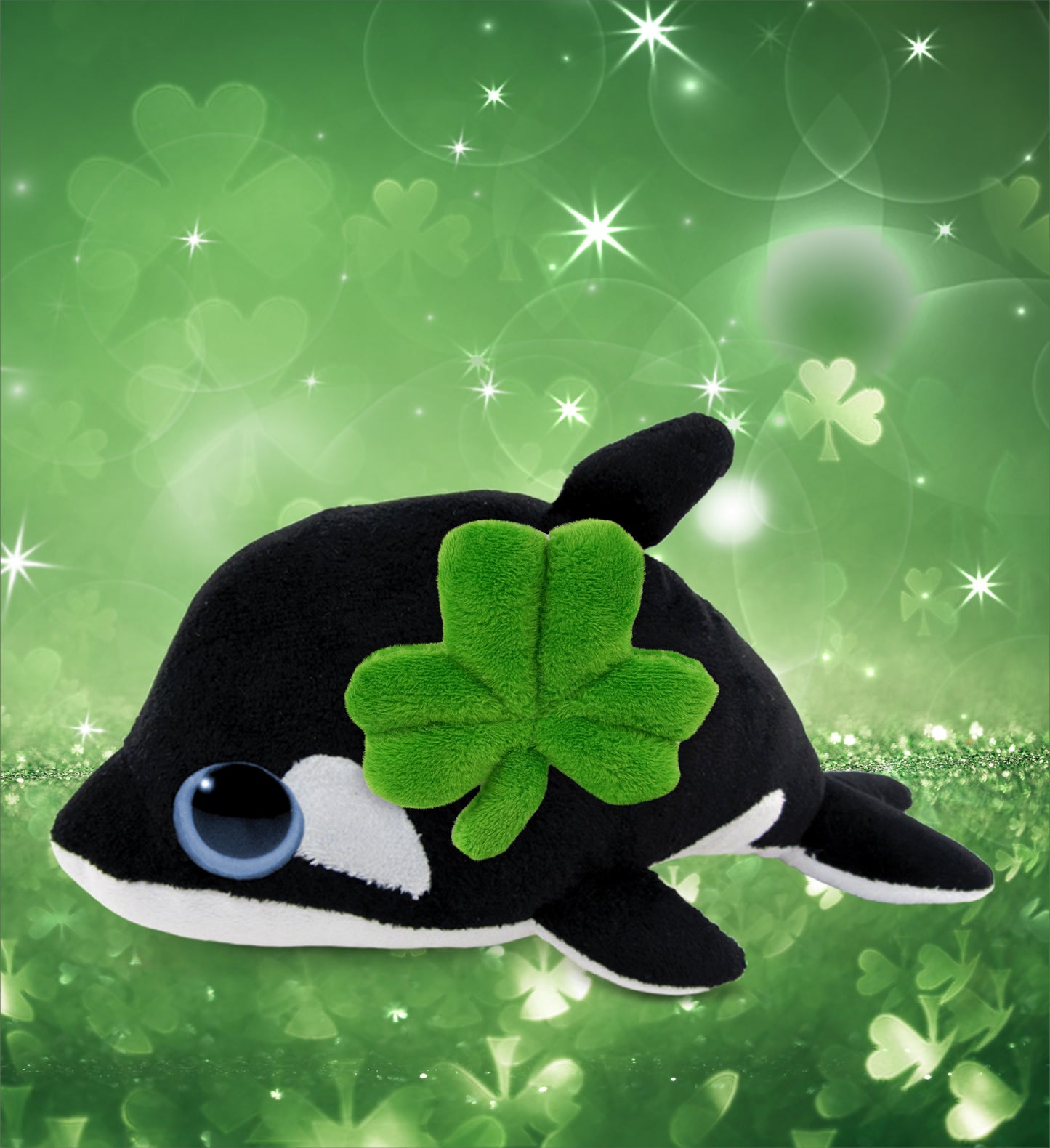 DolliBu Big Eye Killer Whale Stuffed Animal with Green Plush Shamrock - 6 Inch