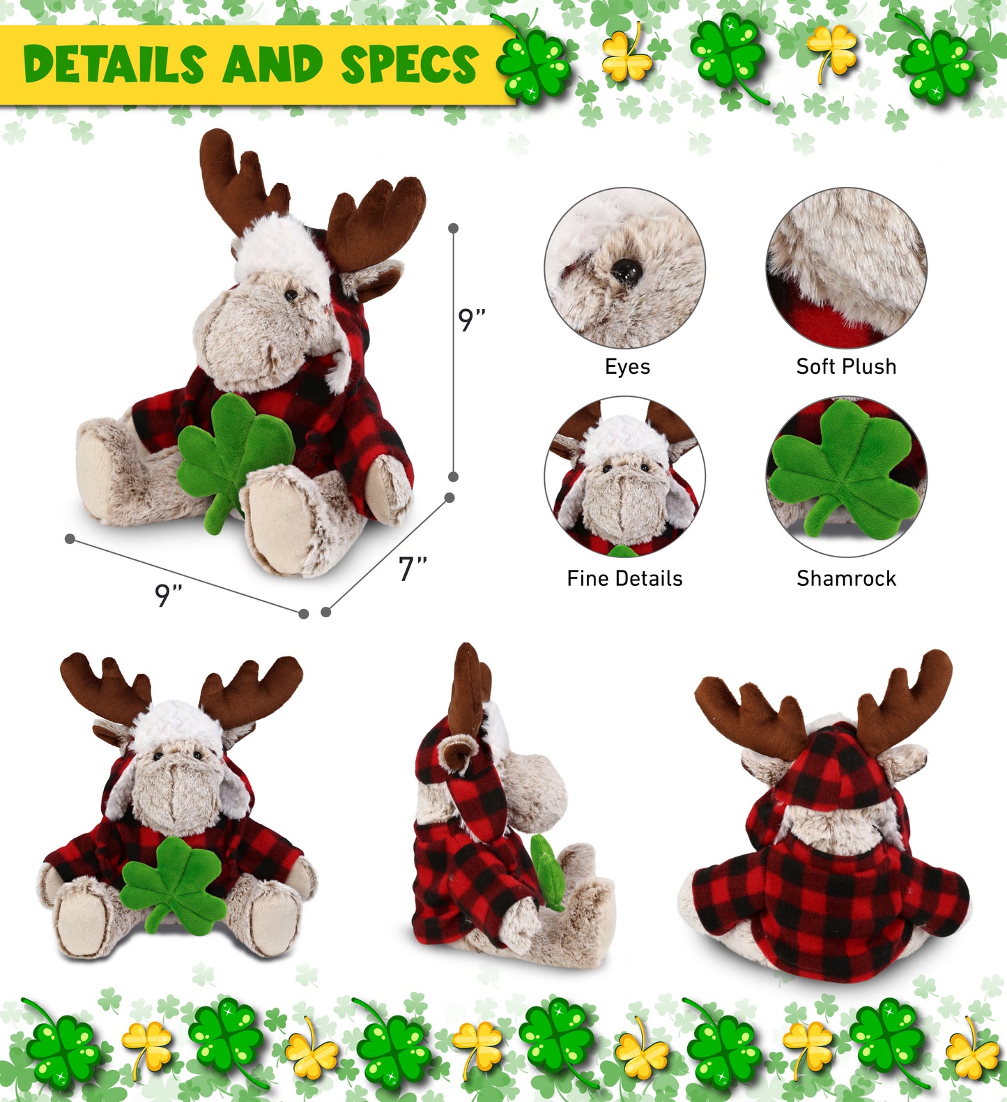 DolliBu Moose with Red Plaid Outfit Plush with Green Plush Shamrock - 9 Inches