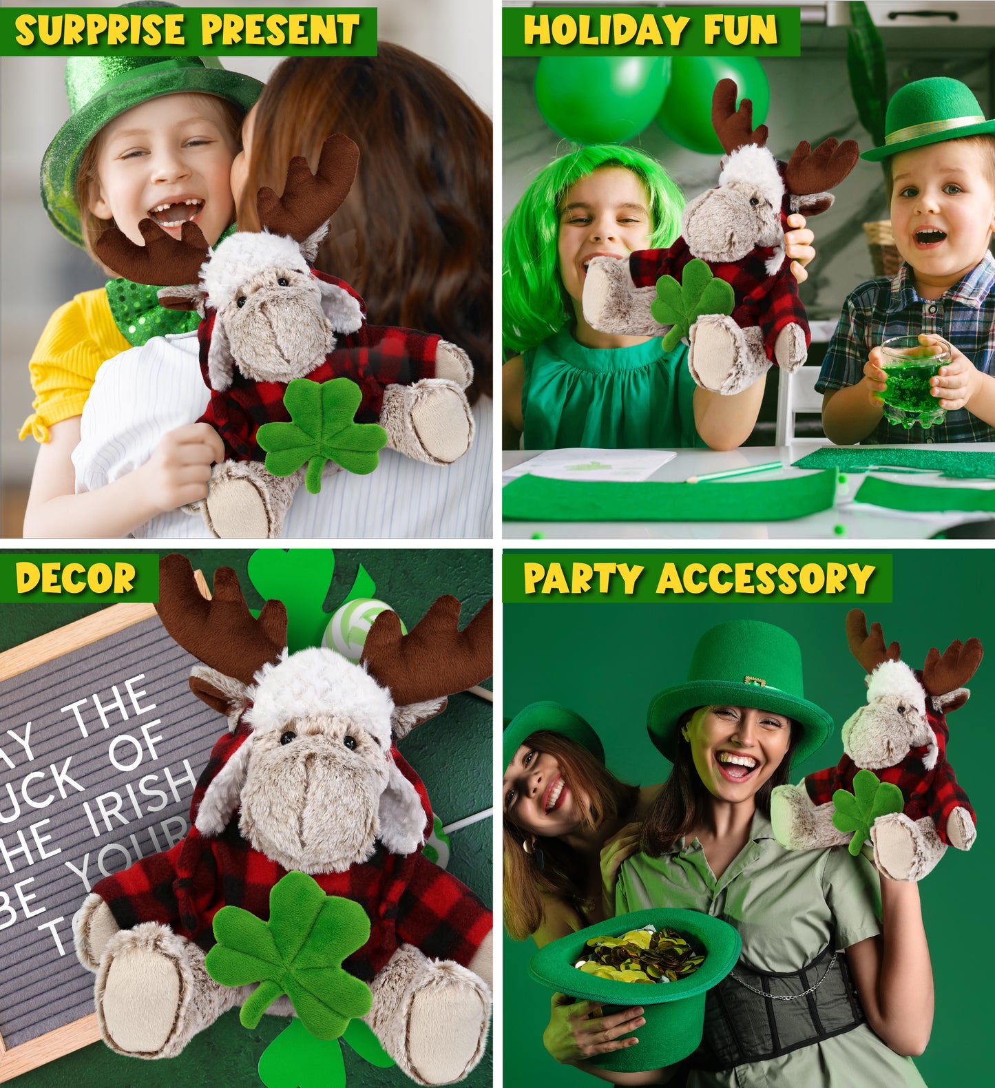 DolliBu Moose with Red Plaid Outfit Plush with Green Plush Shamrock - 9 Inches