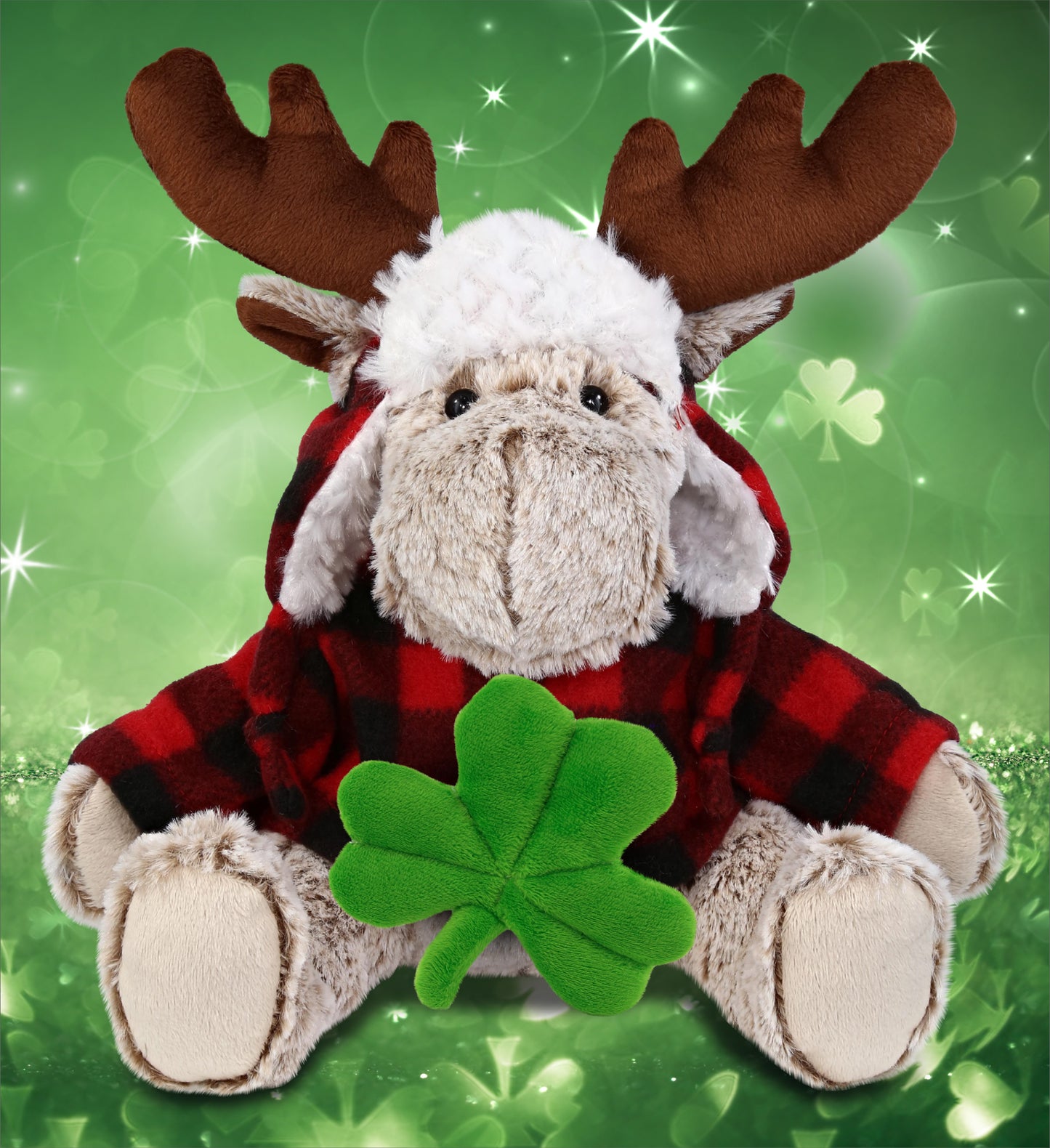 DolliBu Moose with Red Plaid Outfit Plush with Green Plush Shamrock - 9 Inches