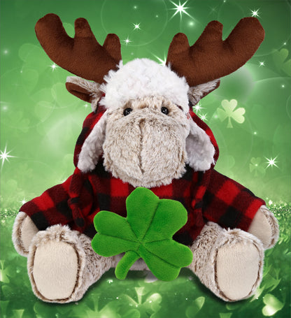 DolliBu Moose with Red Plaid Outfit Plush with Green Plush Shamrock - 9 Inches