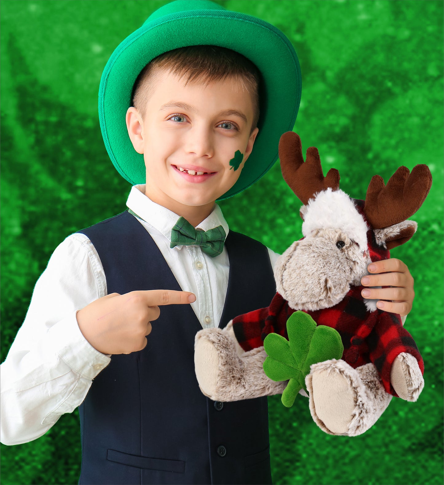 DolliBu Moose with Red Plaid Outfit Plush with Green Plush Shamrock - 9 Inches