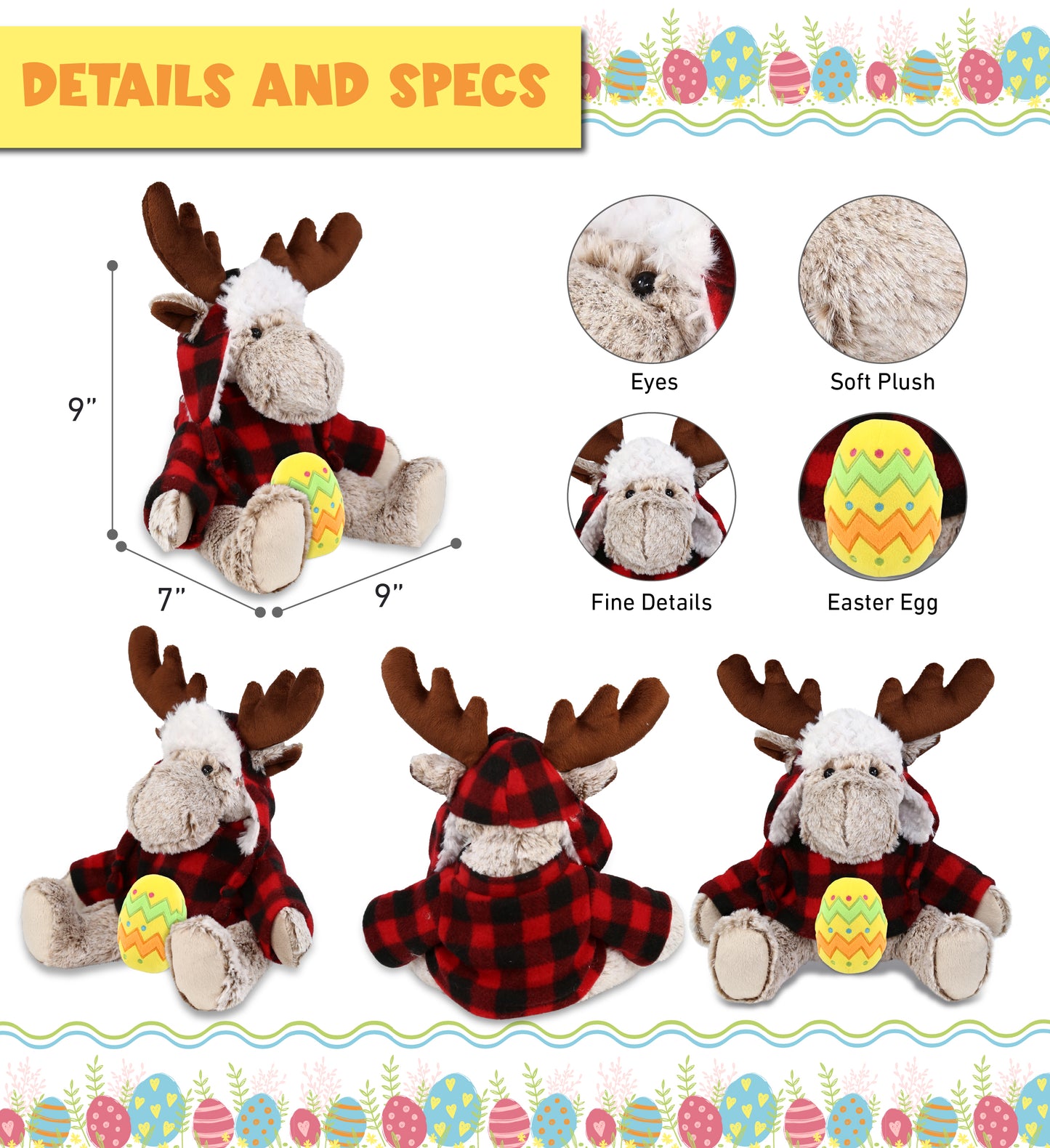 DolliBu Moose with Red Plaid Outfit and Yellow Easter Egg Plush - 9 Inches