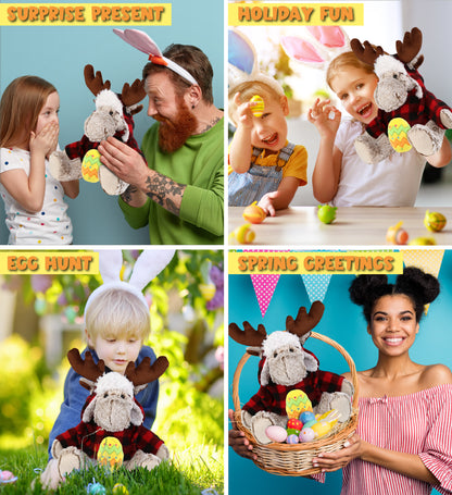 DolliBu Moose with Red Plaid Outfit and Yellow Easter Egg Plush - 9 Inches