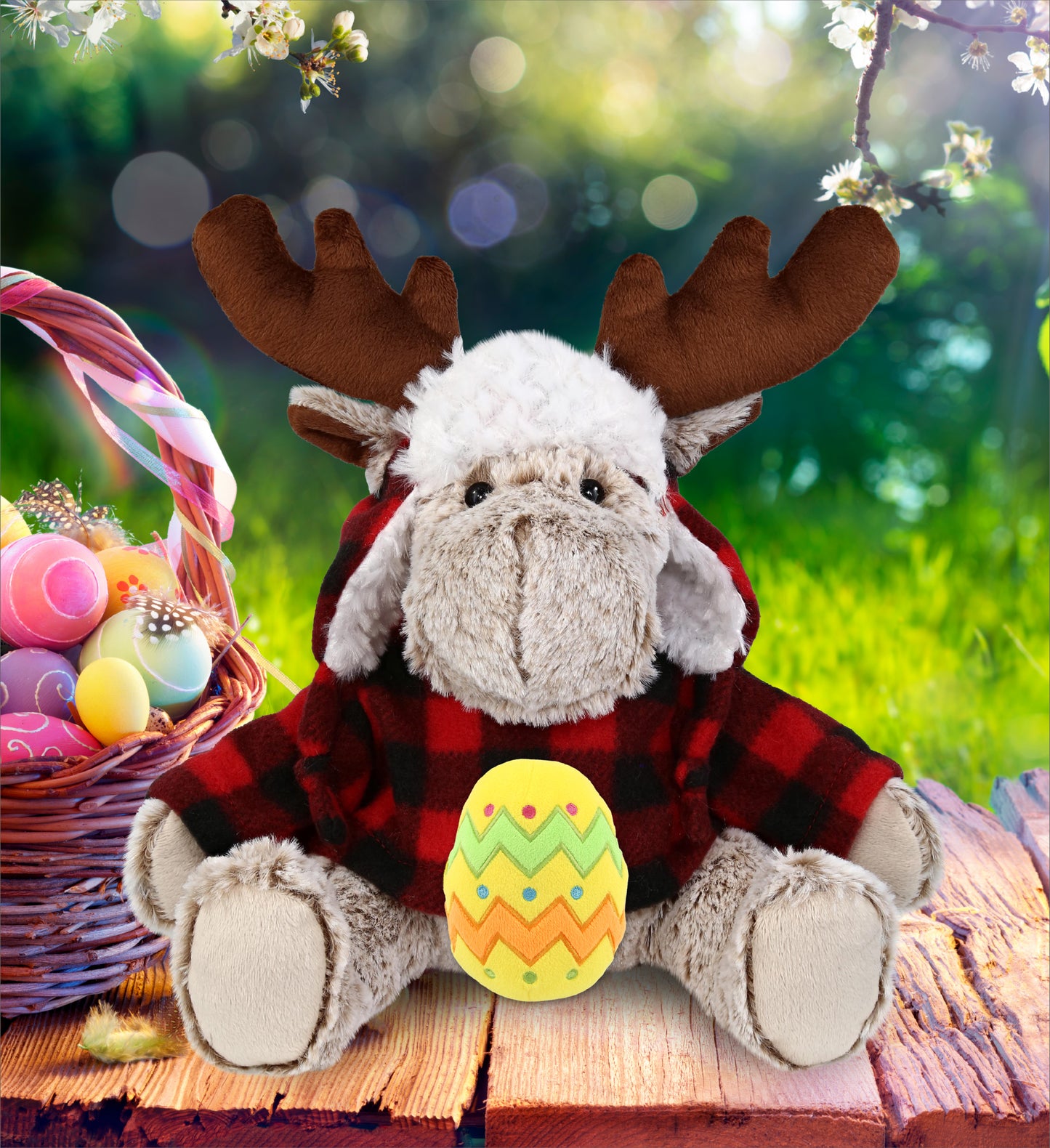 DolliBu Moose with Red Plaid Outfit and Yellow Easter Egg Plush - 9 Inches