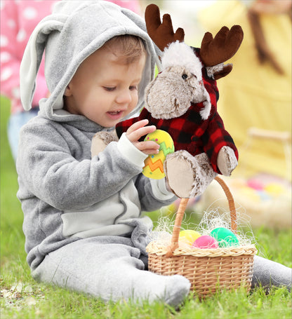 DolliBu Moose with Red Plaid Outfit and Yellow Easter Egg Plush - 9 Inches