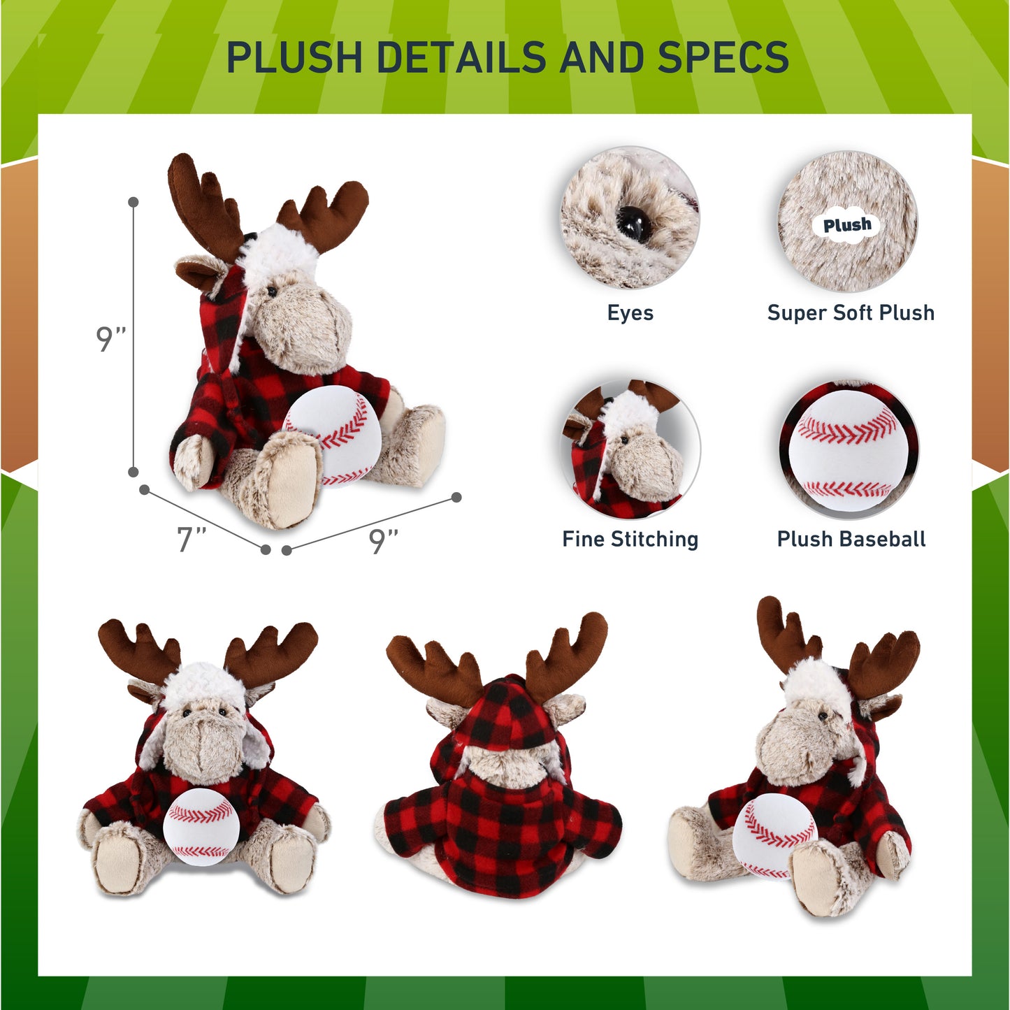 SUPER SOFT PLUSH - RED PLAID OUTFIT - MOOSE with Baseball Plush