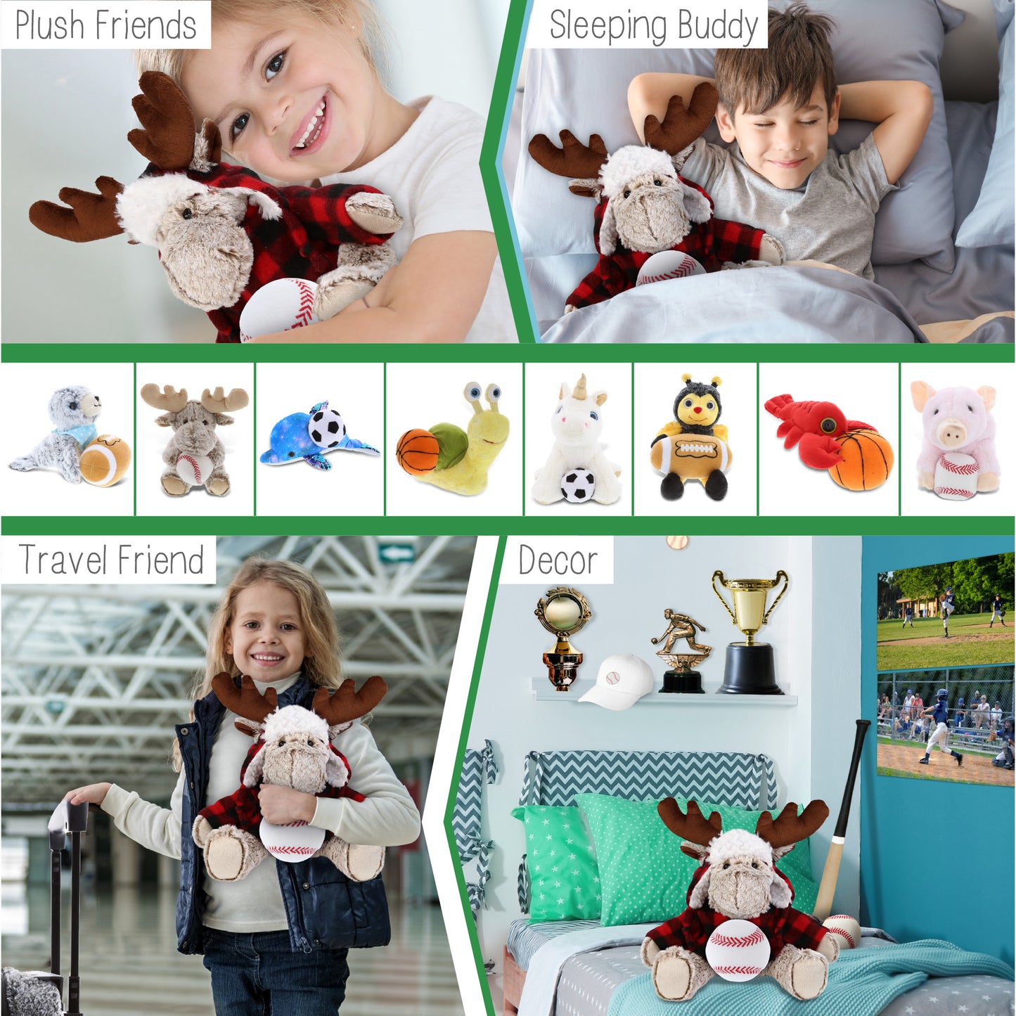 SUPER SOFT PLUSH - RED PLAID OUTFIT - MOOSE with Baseball Plush