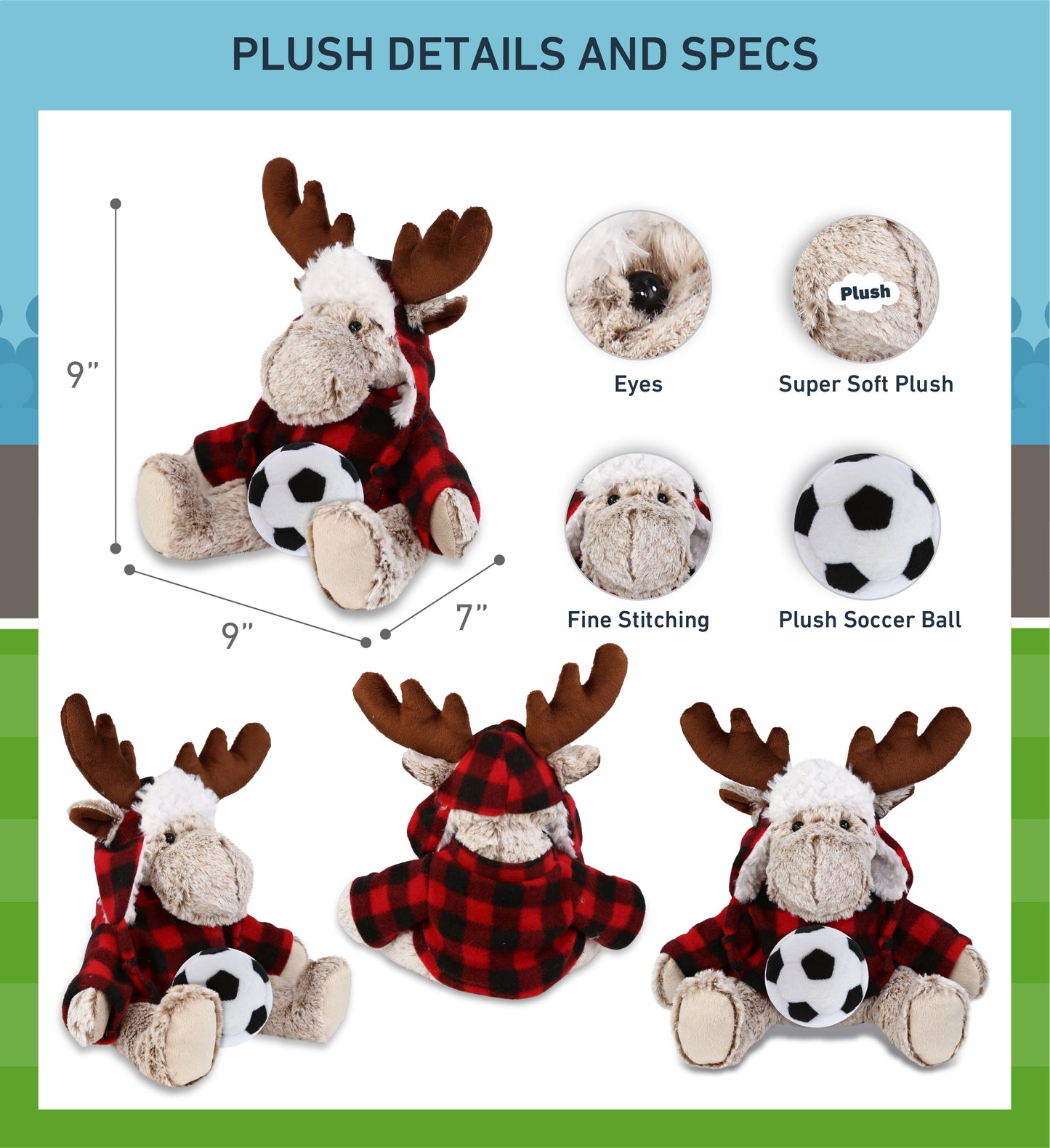 SUPER SOFT PLUSH - RED PLAID OUTFIT - MOOSE with Soccer Plush