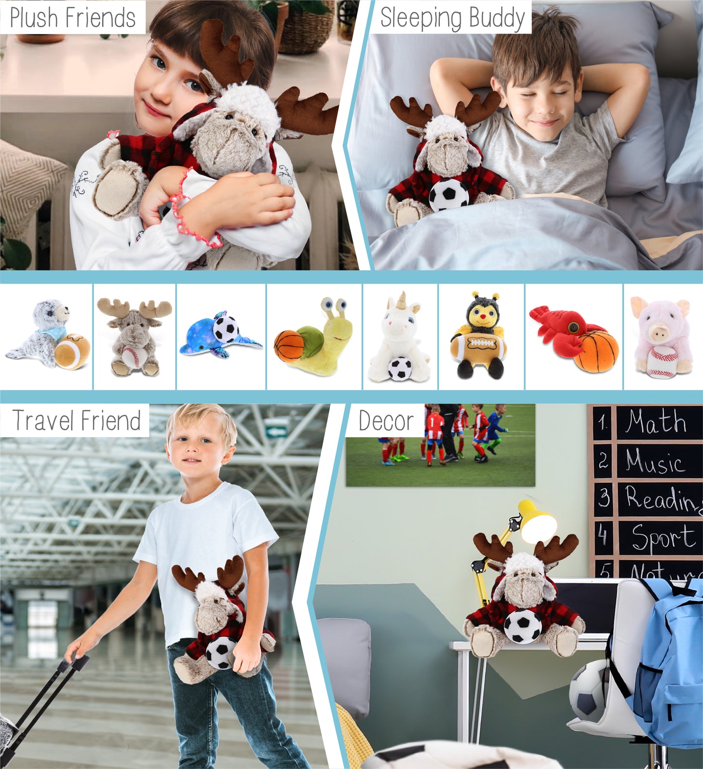SUPER SOFT PLUSH - RED PLAID OUTFIT - MOOSE with Soccer Plush