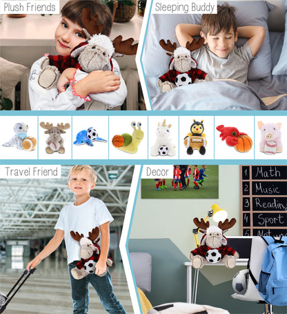 SUPER SOFT PLUSH - RED PLAID OUTFIT - MOOSE with Soccer Plush