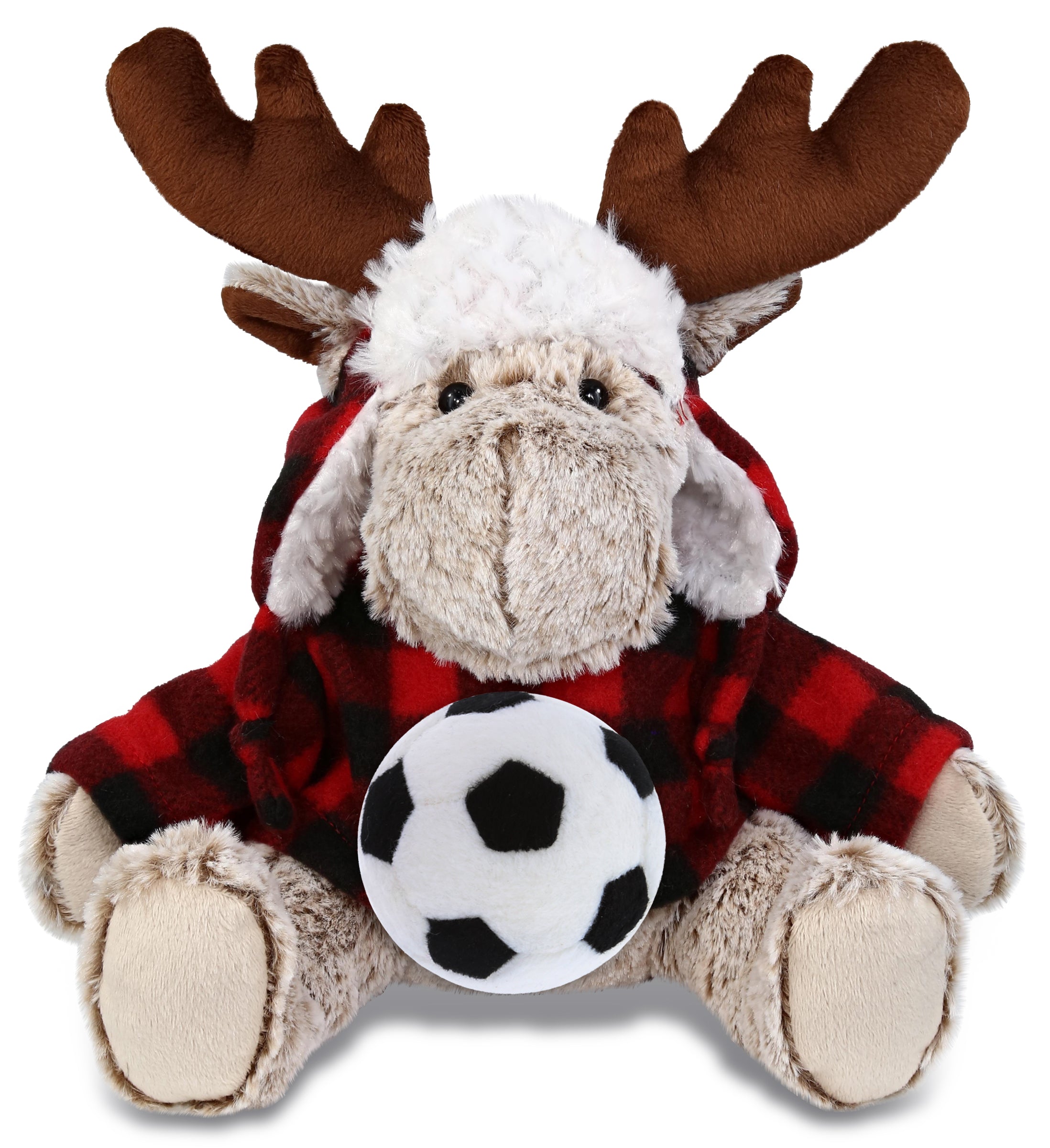 SUPER SOFT PLUSH - RED PLAID OUTFIT - MOOSE with Soccer Plush