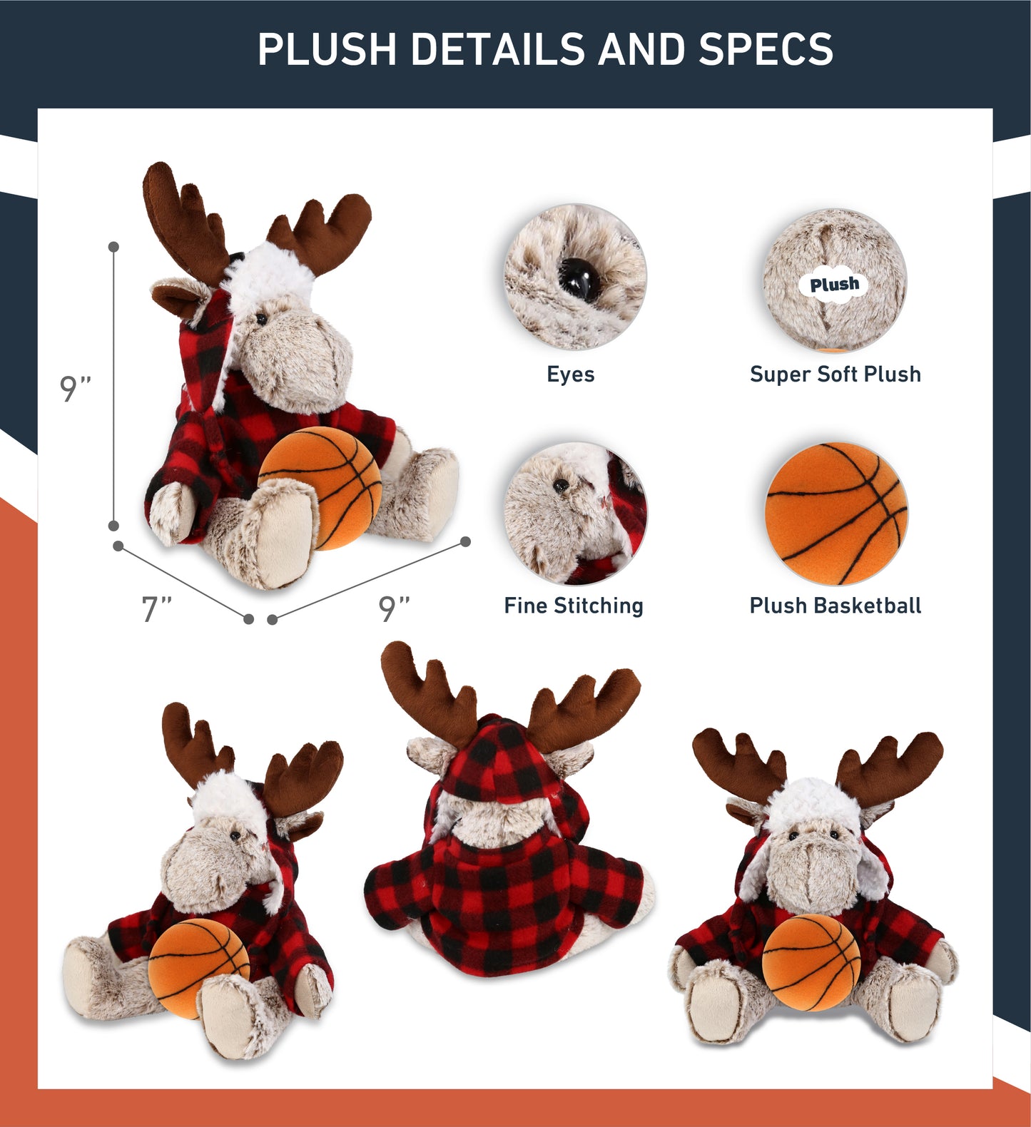 SUPER SOFT PLUSH - RED PLAID OUTFIT - MOOSE with Basketball Plush