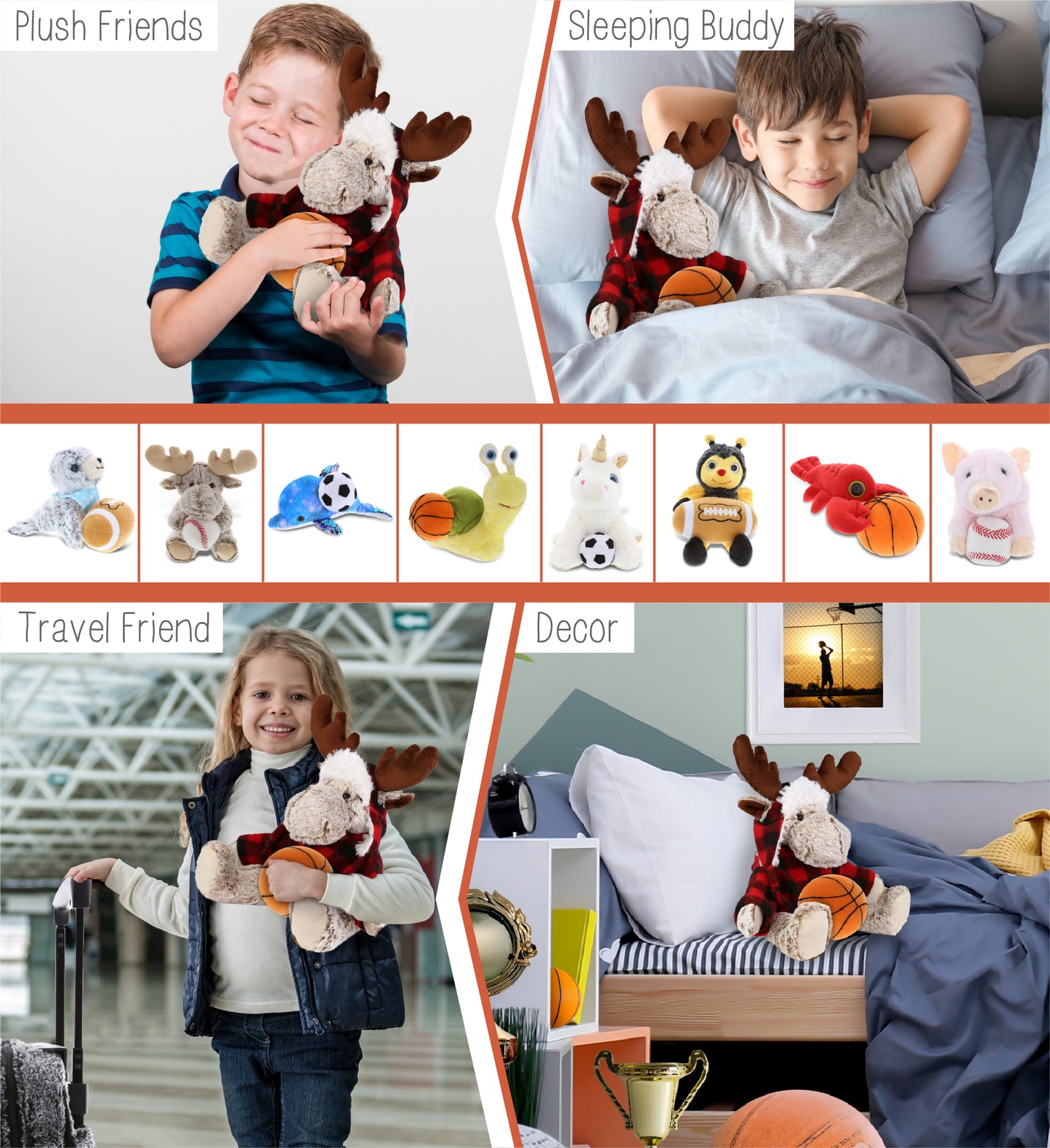 SUPER SOFT PLUSH - RED PLAID OUTFIT - MOOSE with Basketball Plush