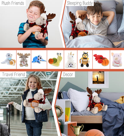 SUPER SOFT PLUSH - RED PLAID OUTFIT - MOOSE with Basketball Plush