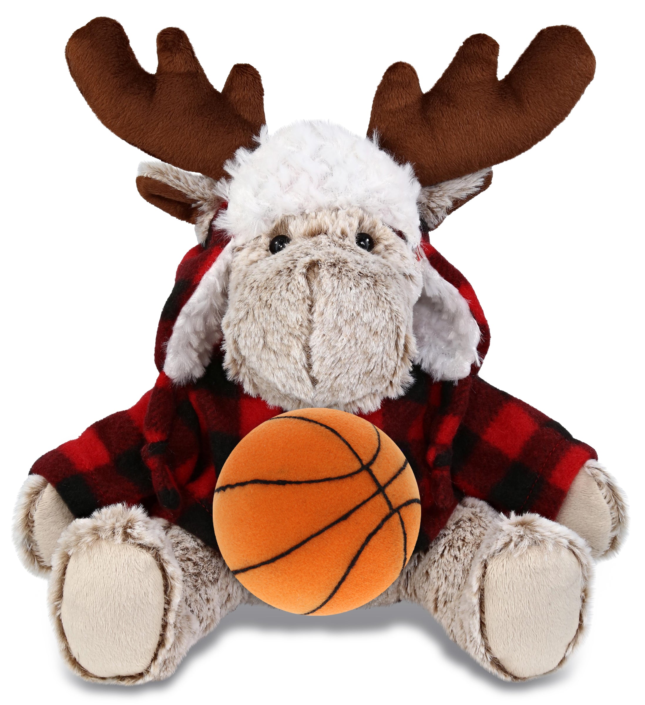SUPER SOFT PLUSH - RED PLAID OUTFIT - MOOSE with Basketball Plush
