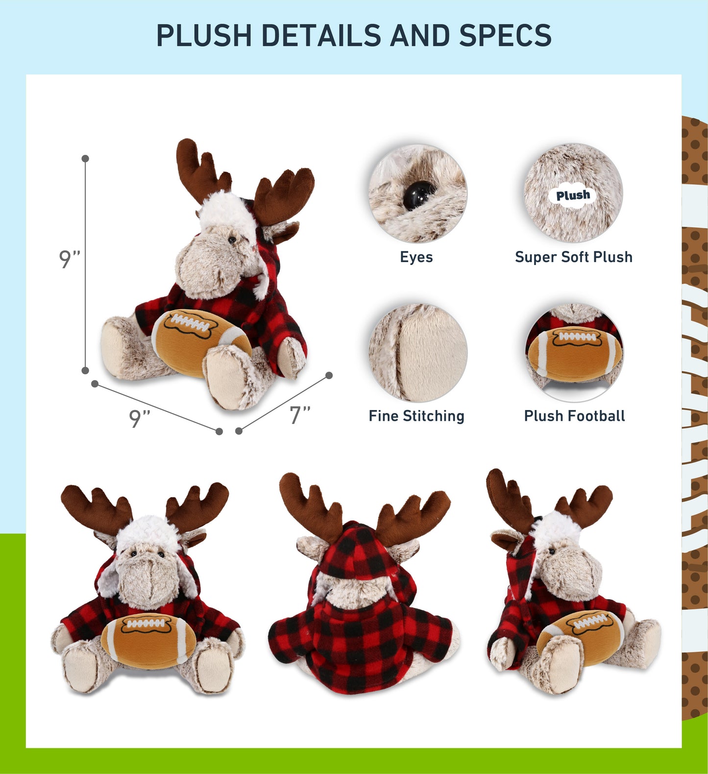 SUPER SOFT PLUSH - RED PLAID OUTFIT - MOOSE with Football Plush