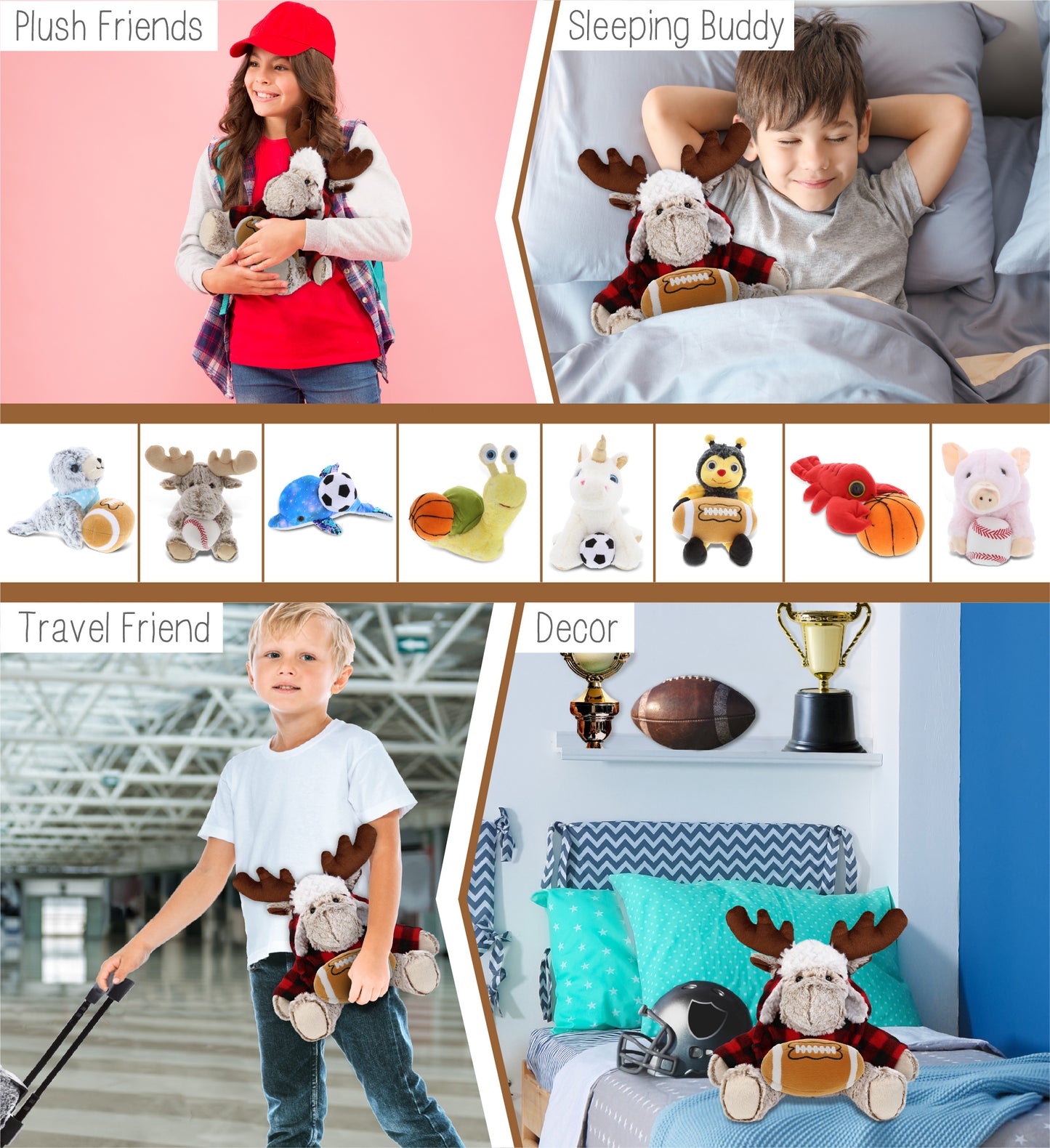 SUPER SOFT PLUSH - RED PLAID OUTFIT - MOOSE with Football Plush